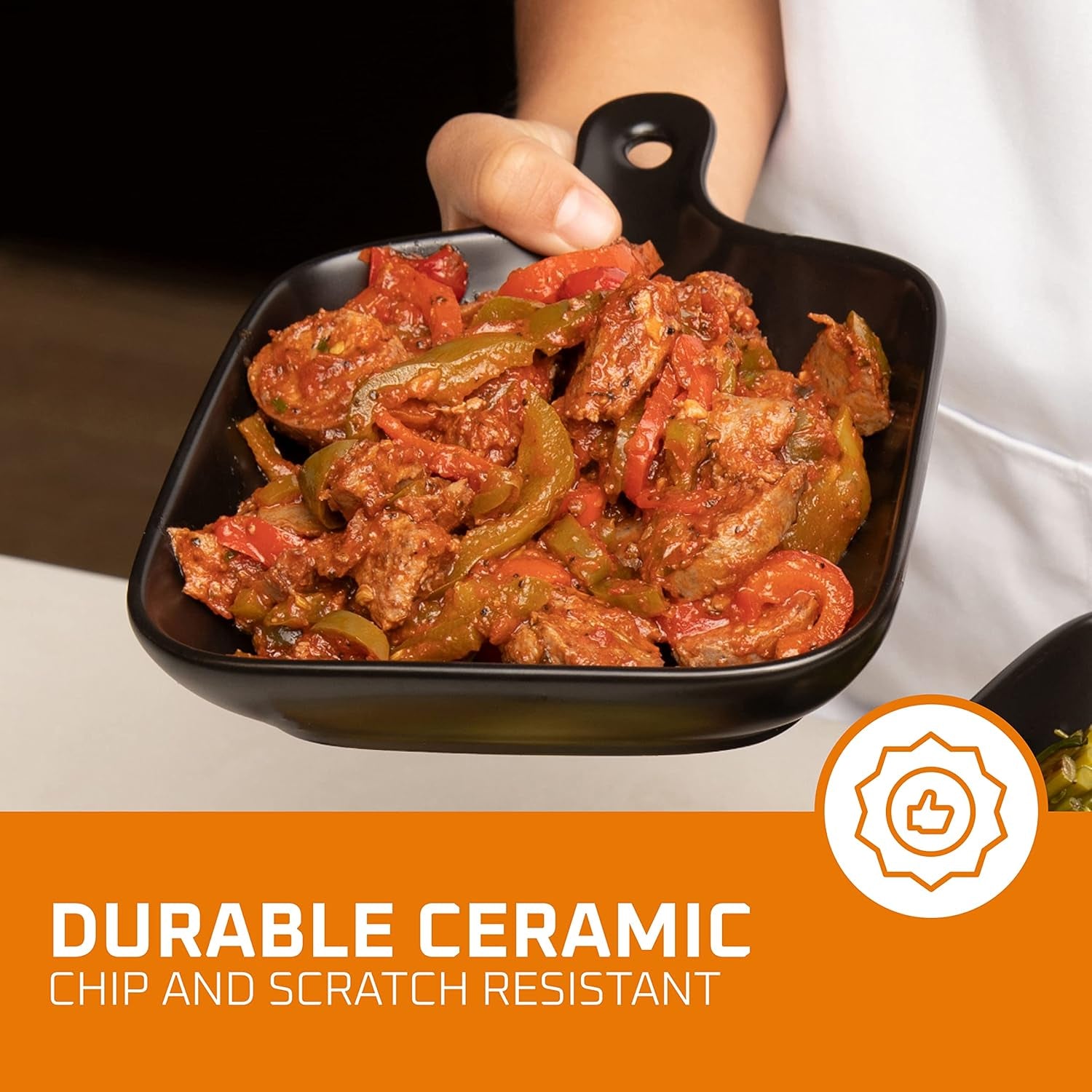 Bruntmor 4 Piece Matte Black Ceramic Dinnerware Set, 6.5 Inch Food Serving Plates with Skillet Look Handle, Lightweight Square Plates, Oven and Dishwasher Safe, Matte Finish