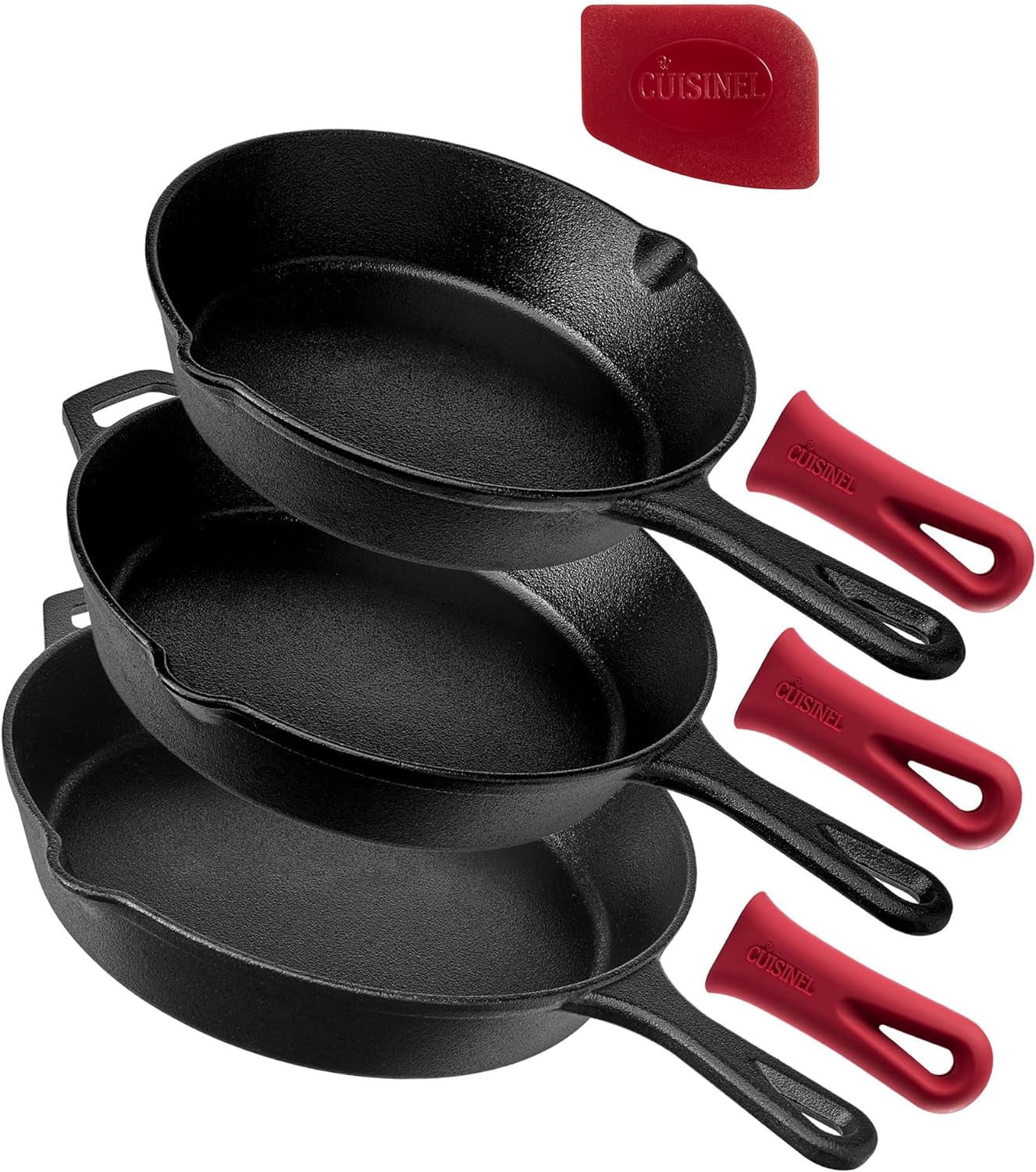 Cuisinel Cast Iron Skillet Set - 10" + 12" Frying Pan + Glass Lids + 2 Handle Cover Grips - Pre-Seasoned Oven Cookware - Indoor/Outdoor Use - Grill, Stovetop, Induction, BBQ, Camping, Fire Use