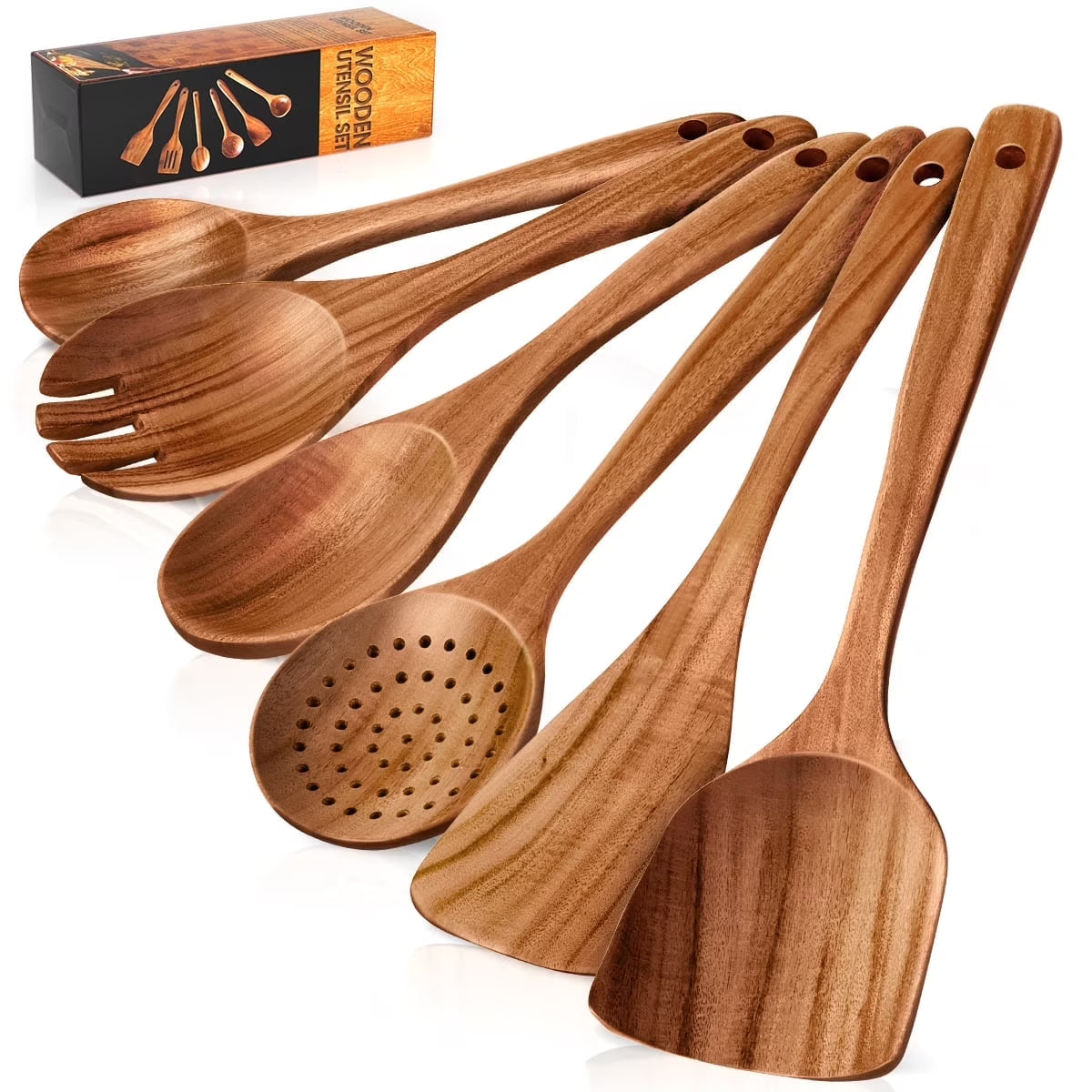 Wooden Spoons for Cooking, 10 PCS Teak Wood Cooking Utensil Set, Wooden Kitchen Utensils for Nonstick Pans & Cookware, Spoons and Spatula Set, Sturdy, Lightweight & Heat Resistant