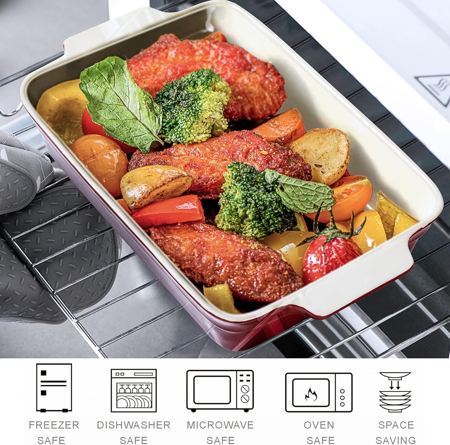 UNICASA Ceramic Casserole Bakeware Sets - Baking Dishes for Oven with Handles, Includes 9X13 Baking Pan Set, Ramekins - Rectangular Lasagna Pan for Cooking, Cake Dinner, Souffle, Pudding Cups (Red)