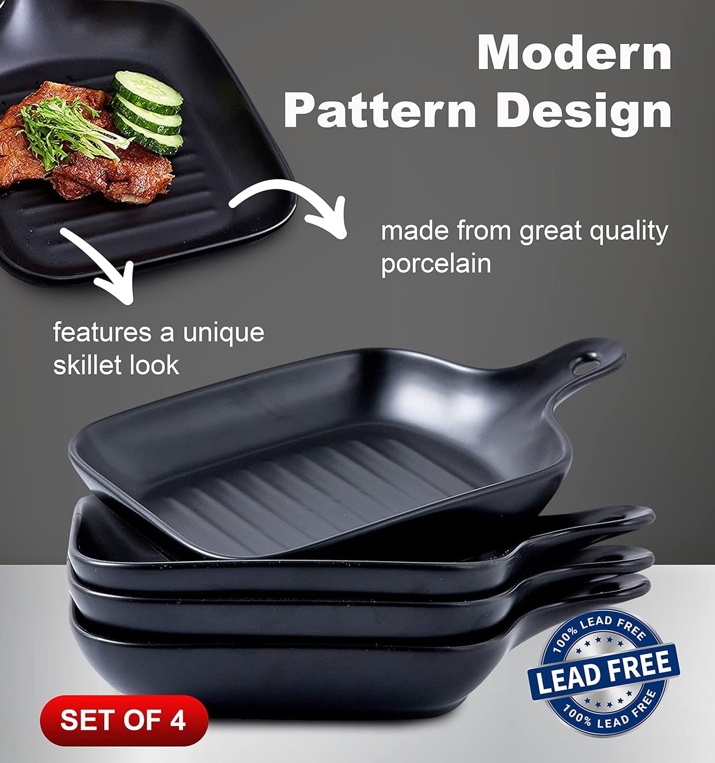 Bruntmor 4 Piece Matte Black Ceramic Dinnerware Set, 6.5 Inch Food Serving Plates with Skillet Look Handle, Lightweight Square Plates, Oven and Dishwasher Safe, Matte Finish