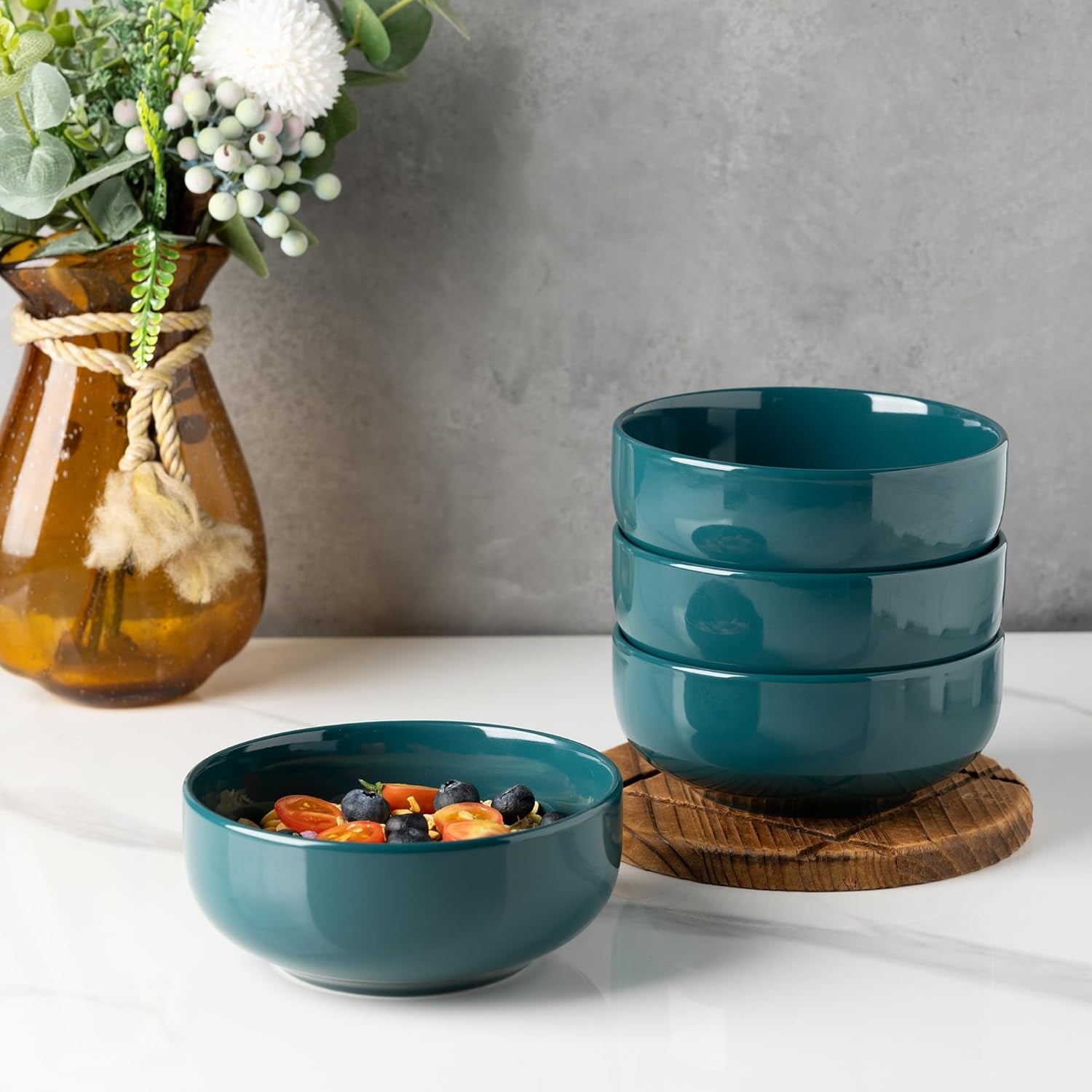 Amorarc Stoneware Cereal Bowls Set for Kitchen, 22Oz Ceramic Deep Soup Bowls Set of 6, Black Bowls Set for Breakfast, Lunch, Dinner. Microwave&Dishwasher Safe, Green