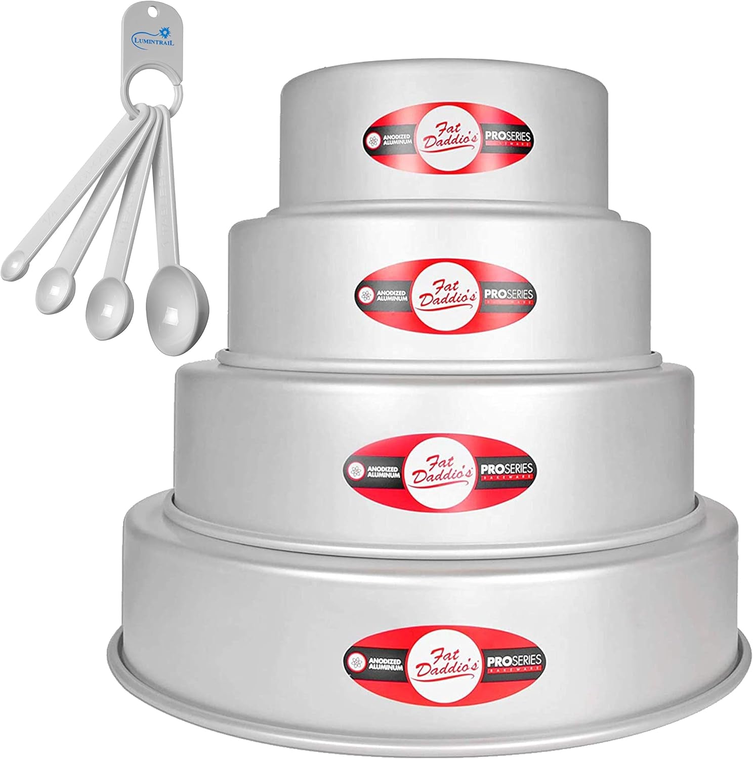 Lumintrail Fat Daddios Anodized Aluminum Tiered round Cake Pans Bundle with a Spoon Set (5", 7", 9" Diameter, 3" Deep)