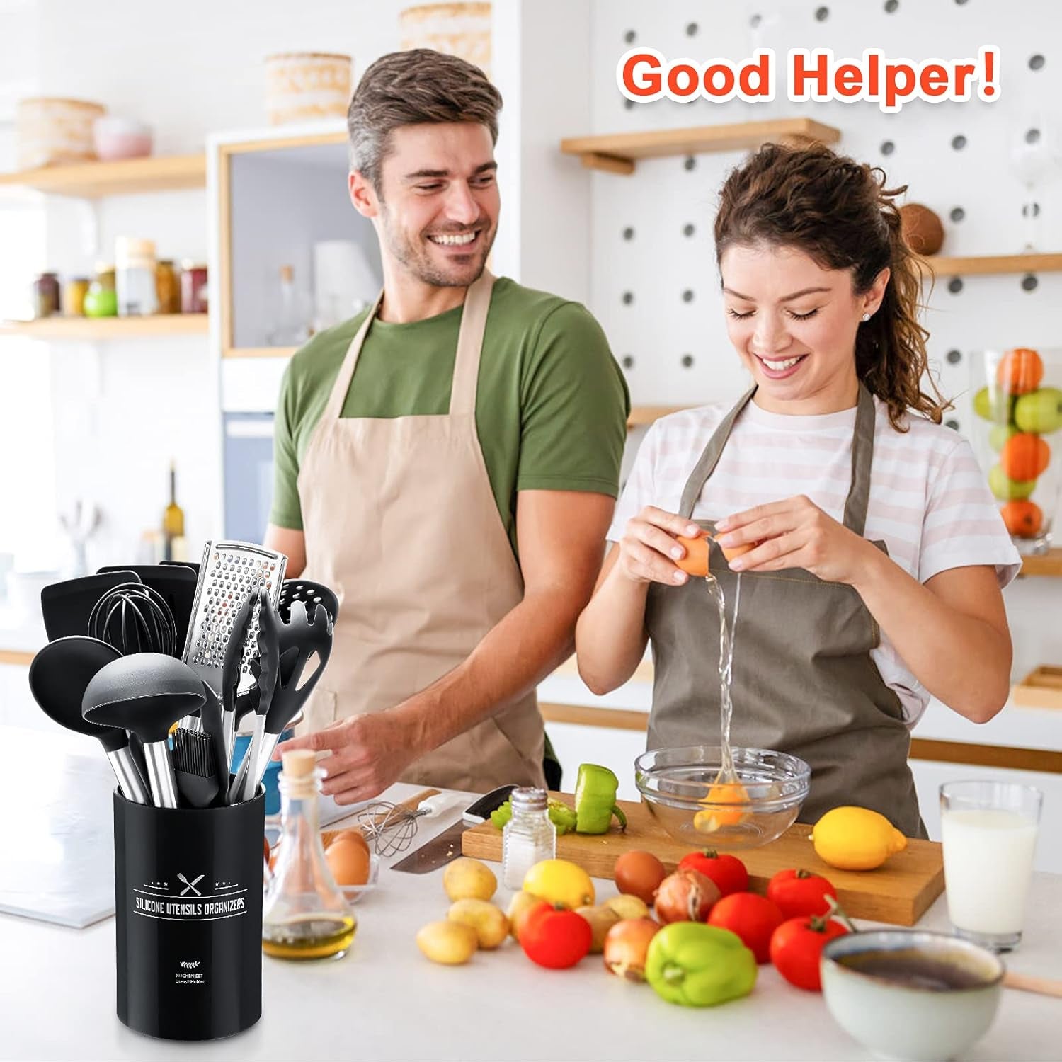 16 PCS Silicone Kitchen Cooking Utensils Set, Heat-Resistant Utensil Set with Premium Stainless Handles for Nonstick Cookware, Best Kitchen Gadgets Gifts-Bpa Free & Dishwasher Safe(Black)