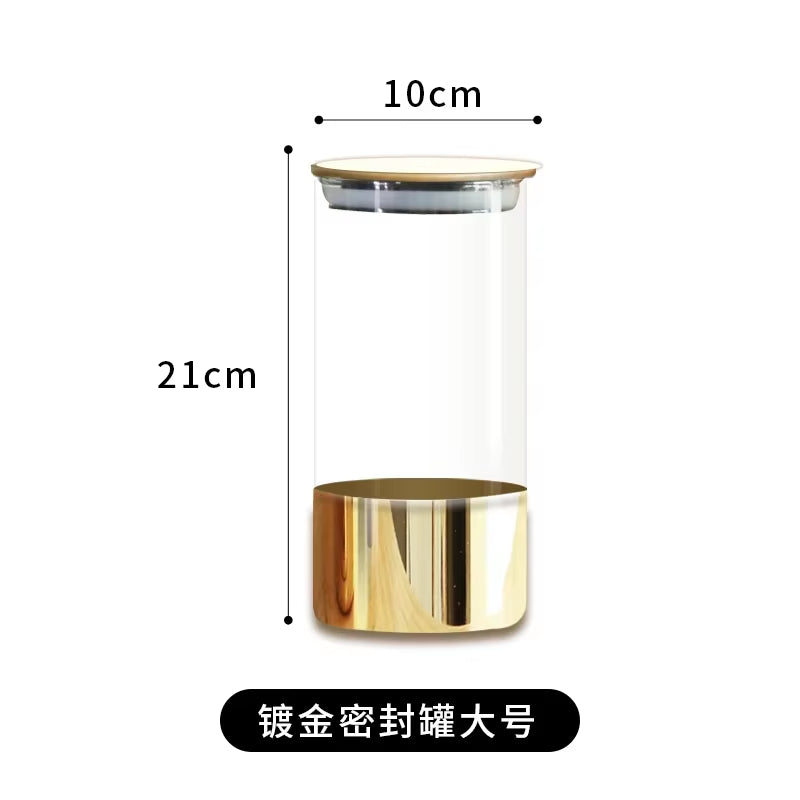 Golden Glass Sealed Can Coffee Bean Storage Container Snack Dried Fruit Storage Tank Metal Cover Home Kitchen Storage Ornaments
