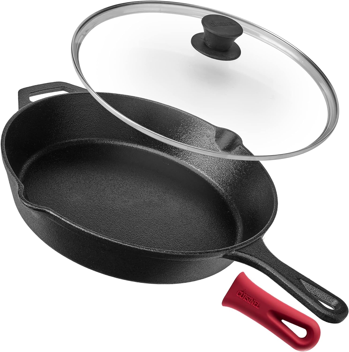 Cuisinel Cast Iron Skillet Set - 10" + 12" Frying Pan + Glass Lids + 2 Handle Cover Grips - Pre-Seasoned Oven Cookware - Indoor/Outdoor Use - Grill, Stovetop, Induction, BBQ, Camping, Fire Use