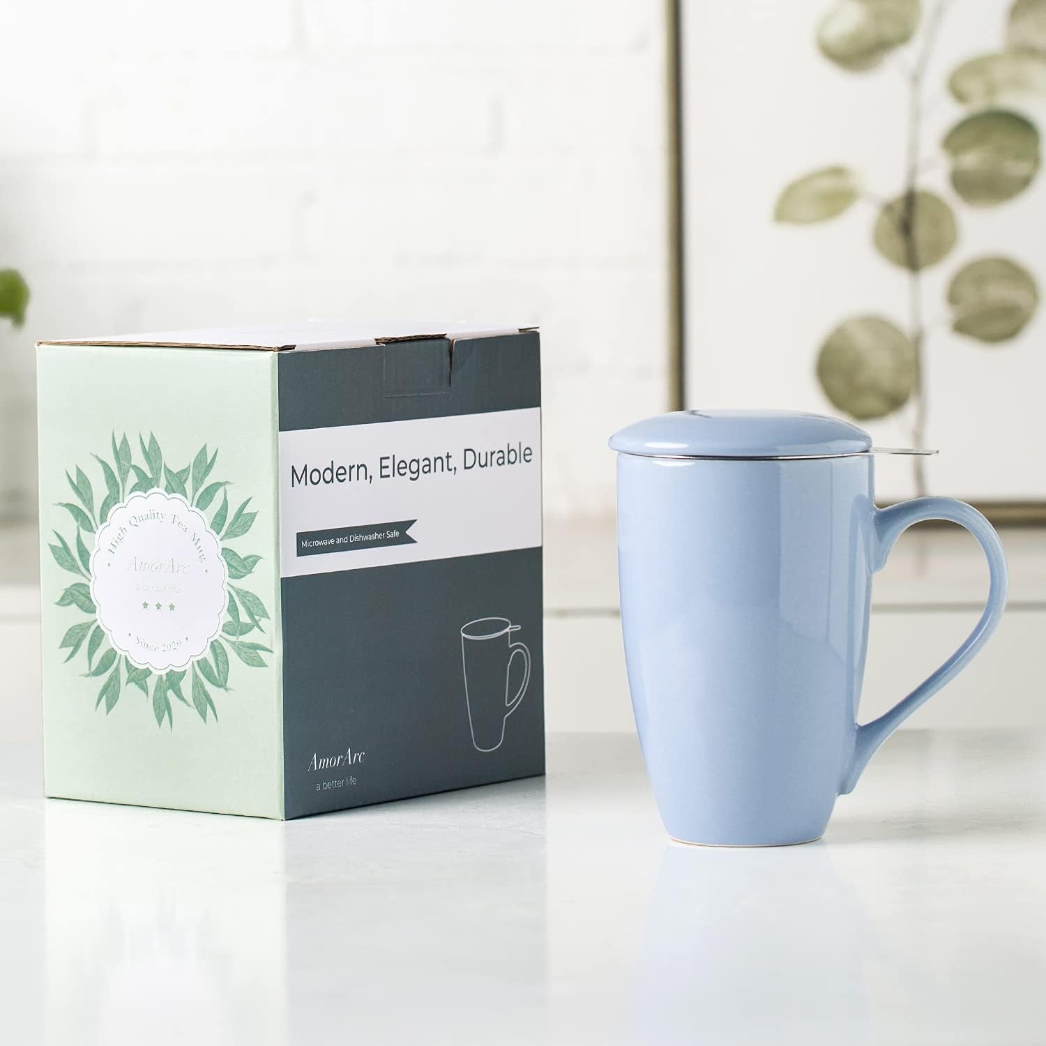 Amorarc Ceramic Tea Mug,17Oz Tea Cup with Infuser and Lid, Tea Strainer Cups with Tea Bag Holder for Loose Leaf Tea, Tea Steeping Mug for Tea/Coffee/Milk with Well-Wrapped Box for Gifts-Light BLUE