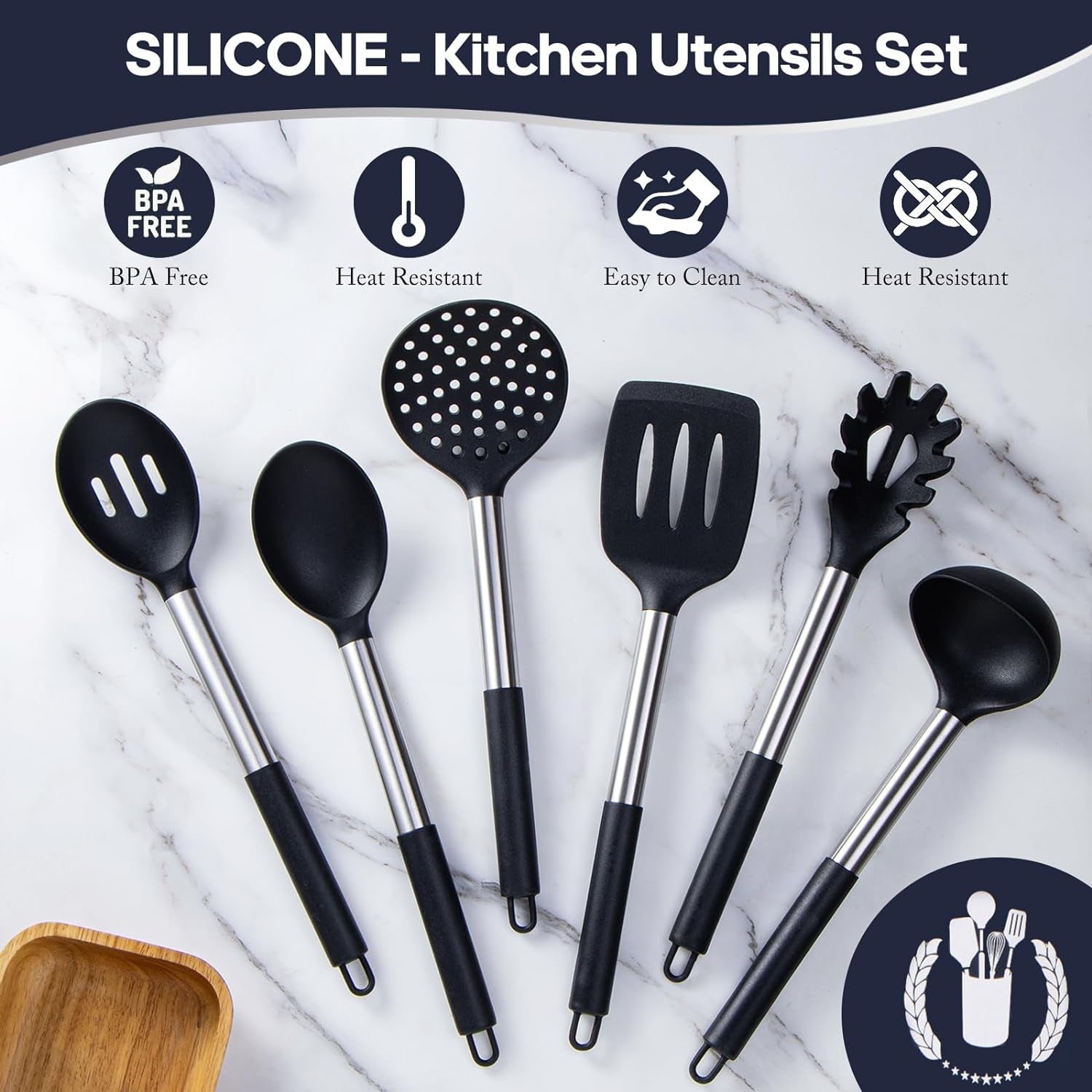 Silicone Kitchen Utensils Set - Culinary Couture 6-Pieces Black Silicone Cooking Utensils Set for Nonstick Cookware - Stainless Steel Handle