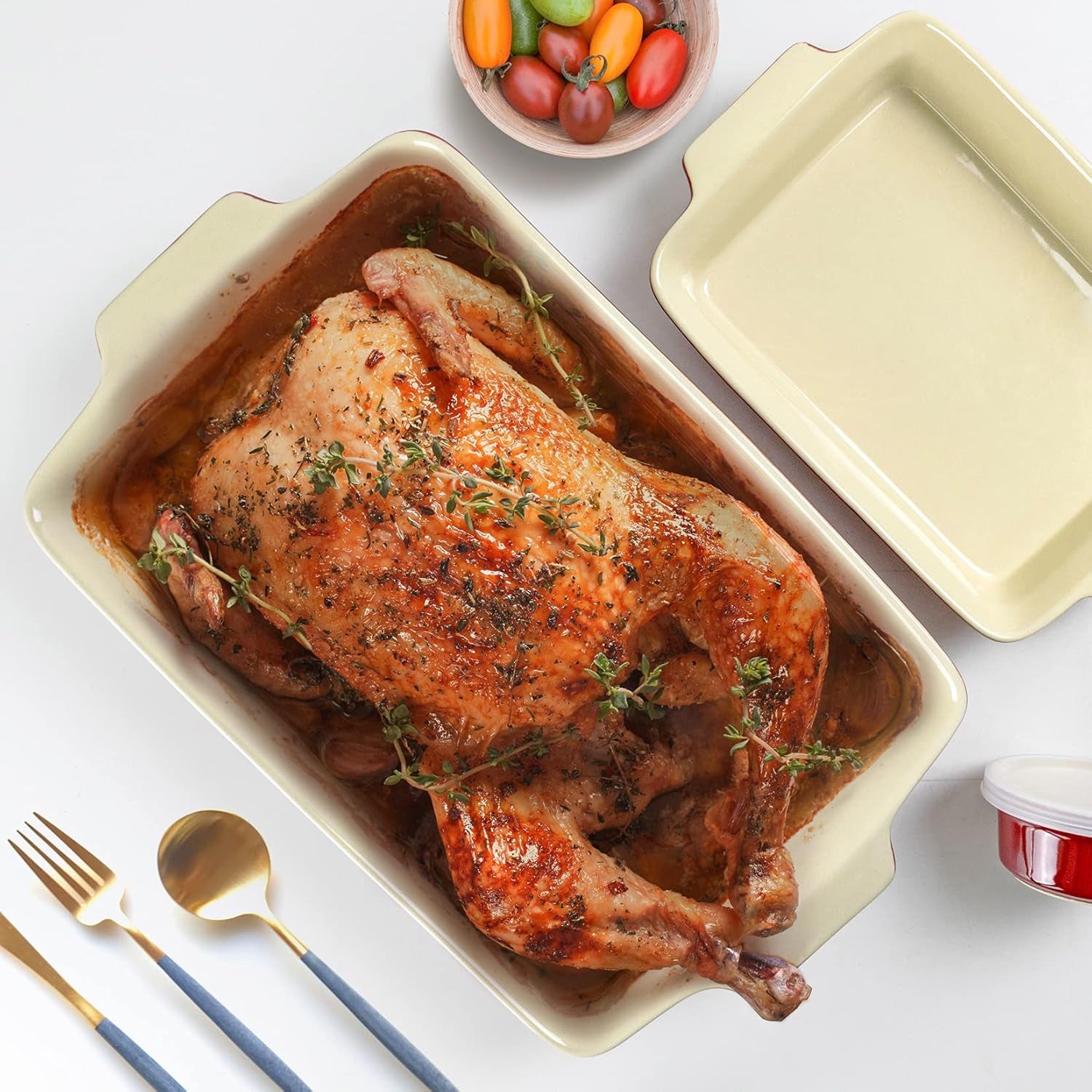 UNICASA Ceramic Casserole Bakeware Sets - Baking Dishes for Oven with Handles, Includes 9X13 Baking Pan Set, Ramekins - Rectangular Lasagna Pan for Cooking, Cake Dinner, Souffle, Pudding Cups (Red)