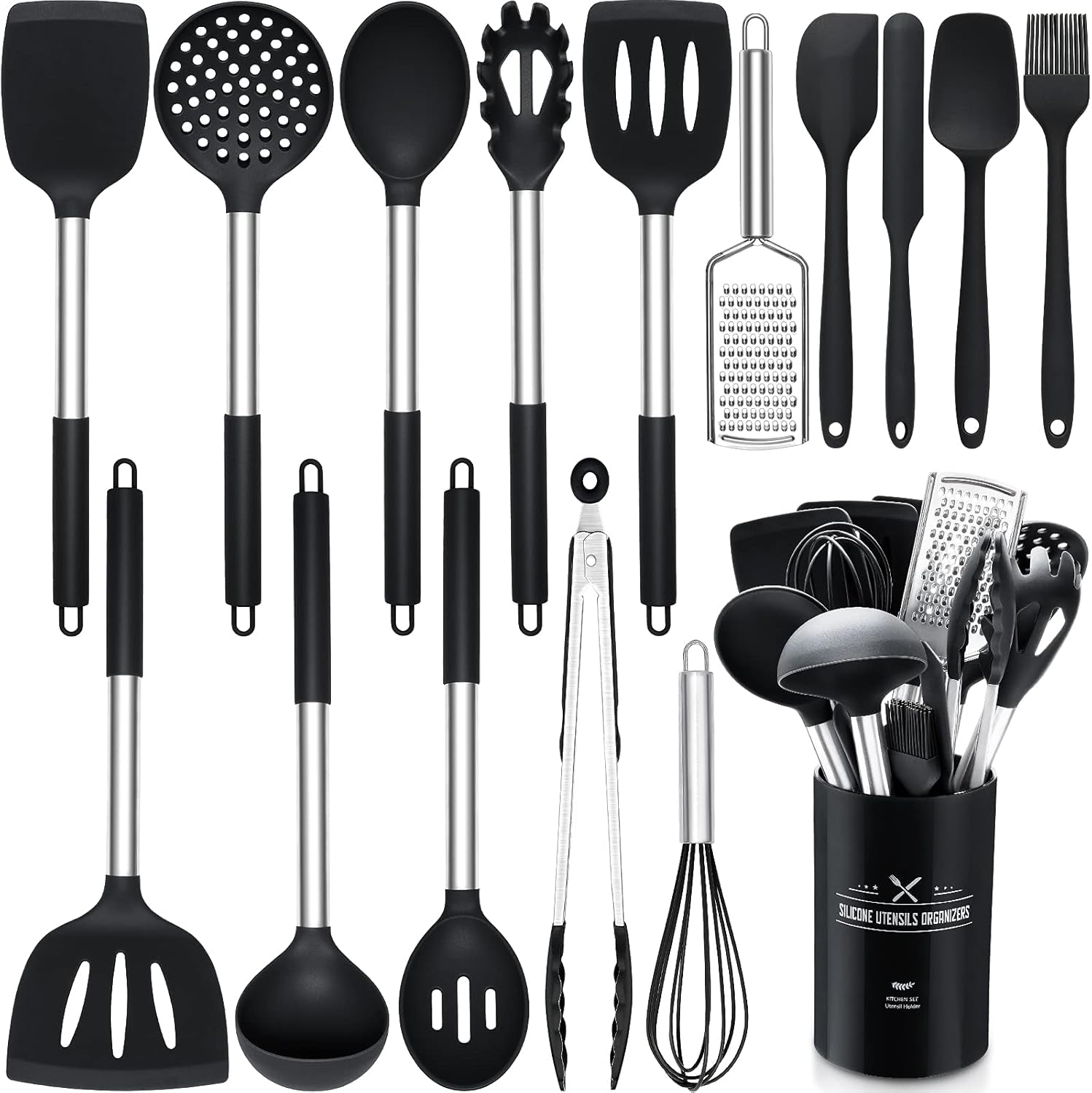 16 PCS Silicone Kitchen Cooking Utensils Set, Heat-Resistant Utensil Set with Premium Stainless Handles for Nonstick Cookware, Best Kitchen Gadgets Gifts-Bpa Free & Dishwasher Safe(Black)