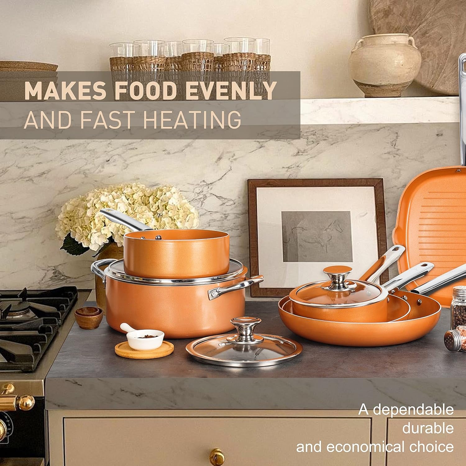 Pots and Pans Set, Nonstick Cookware Set with Stainless Steel Handles, Frying Pan Set, Grill Pan, Stock Pot, Sauce Pan with Lid, Gas, Induction Compatible, Oven Safe, Copper