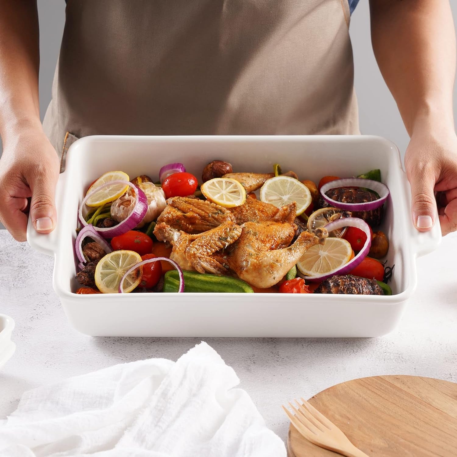 Ceramic Baking Dish, Large Rectangular Ceramic Baking Pan with Double Handles, Nonstick Casserole Dish for Cooking, Cake, Dinner and Banquet, 13''×7.9''×2.8''