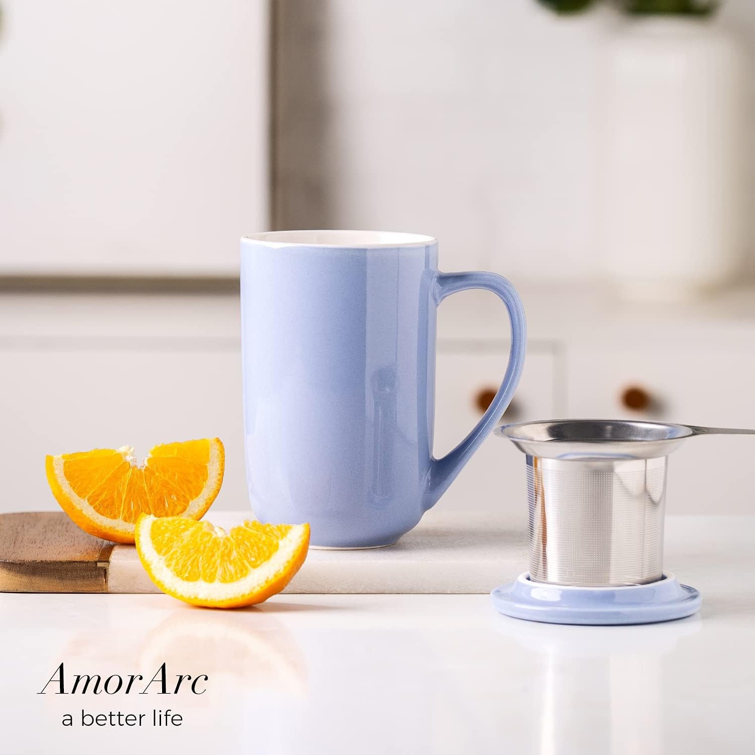 Amorarc Ceramic Tea Mug,16Oz Tea Cup with Infuser and Lid, Tea Strainer Cups with Tea Bag Holder for Loose Leaf Tea, Tea Steeping Mug for Tea/Coffee/Milk with Well-Wrapped Gift Box -Baby Blue