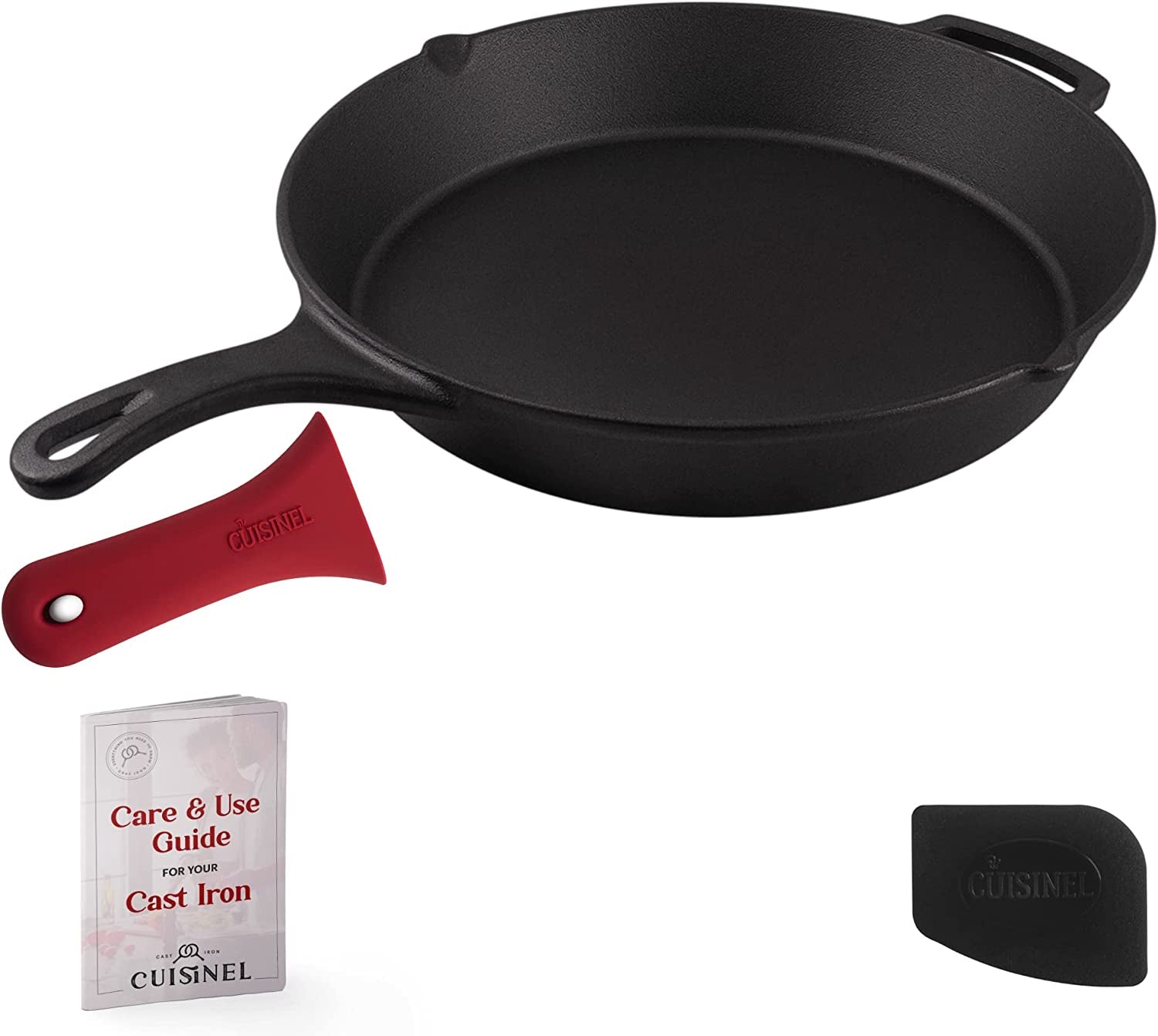 Cuisinel Cast Iron Skillet Set - 10" + 12" Frying Pan + Glass Lids + 2 Handle Cover Grips - Pre-Seasoned Oven Cookware - Indoor/Outdoor Use - Grill, Stovetop, Induction, BBQ, Camping, Fire Use