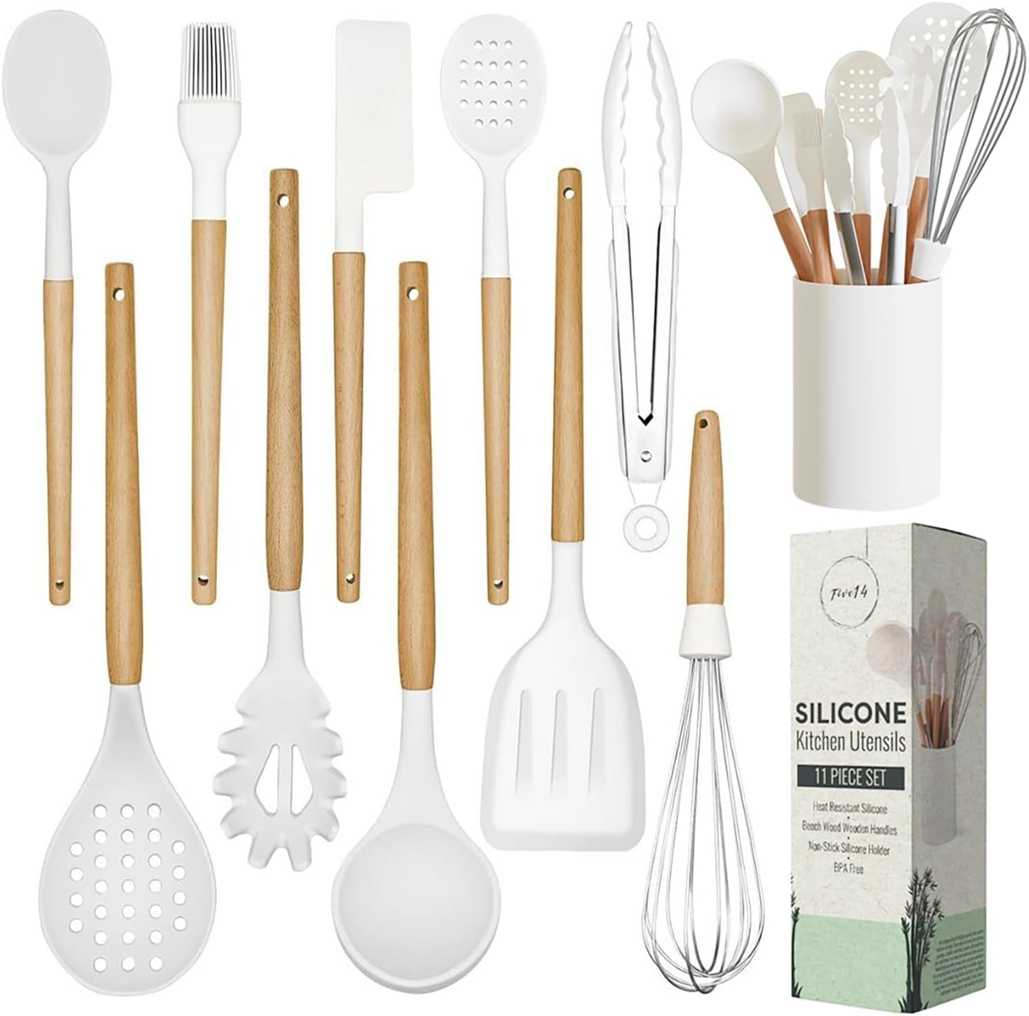 Silicone Cooking Utensils Set White – 11 Pcs Silicone Spatula Sets for Cooking | Heat-Resistant, Bpa-Free Kitchen Utensils Set for Cooking & Baking | Non Toxic Cooking Utensils Set with Utensil Holder