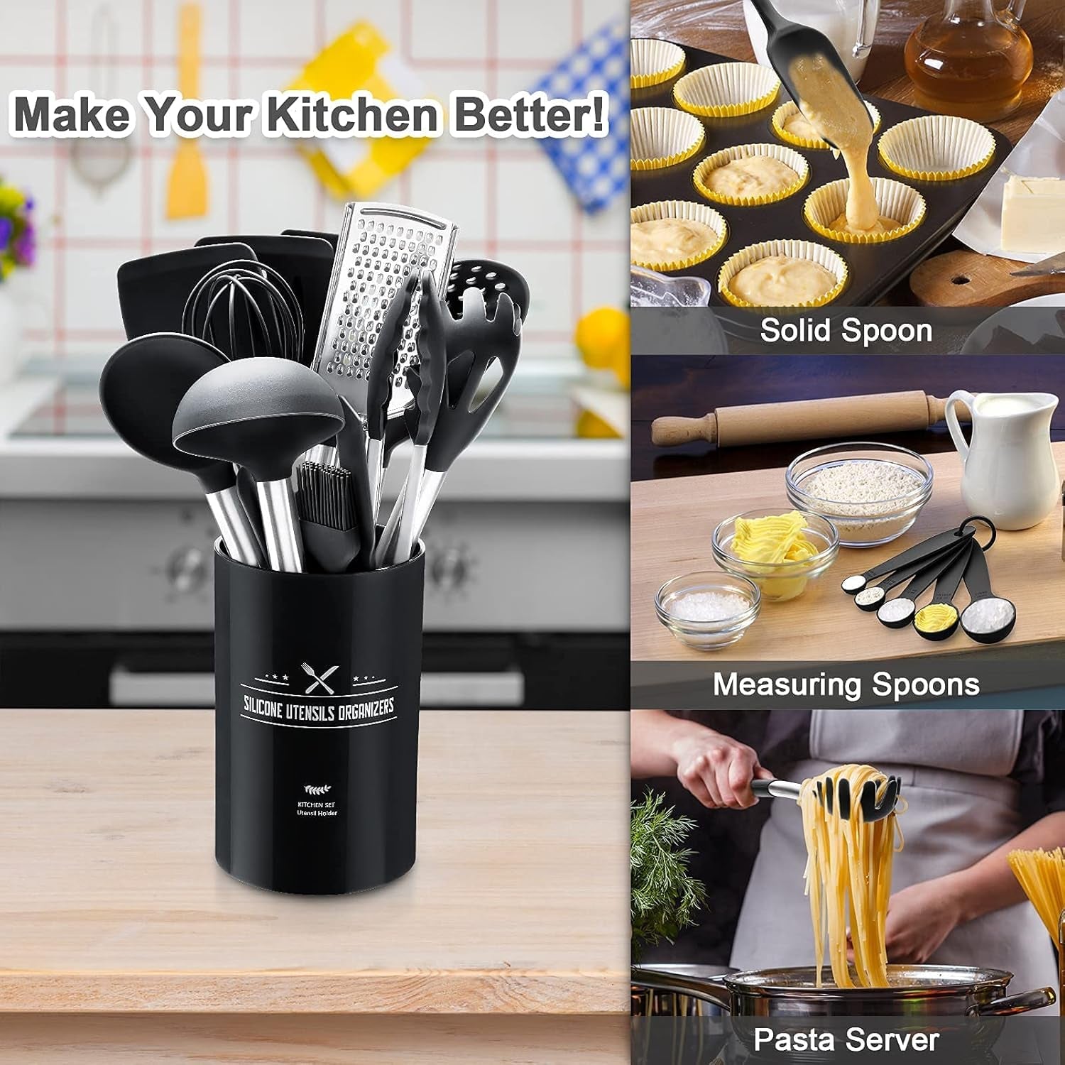 16 PCS Silicone Kitchen Cooking Utensils Set, Heat-Resistant Utensil Set with Premium Stainless Handles for Nonstick Cookware, Best Kitchen Gadgets Gifts-Bpa Free & Dishwasher Safe(Black)