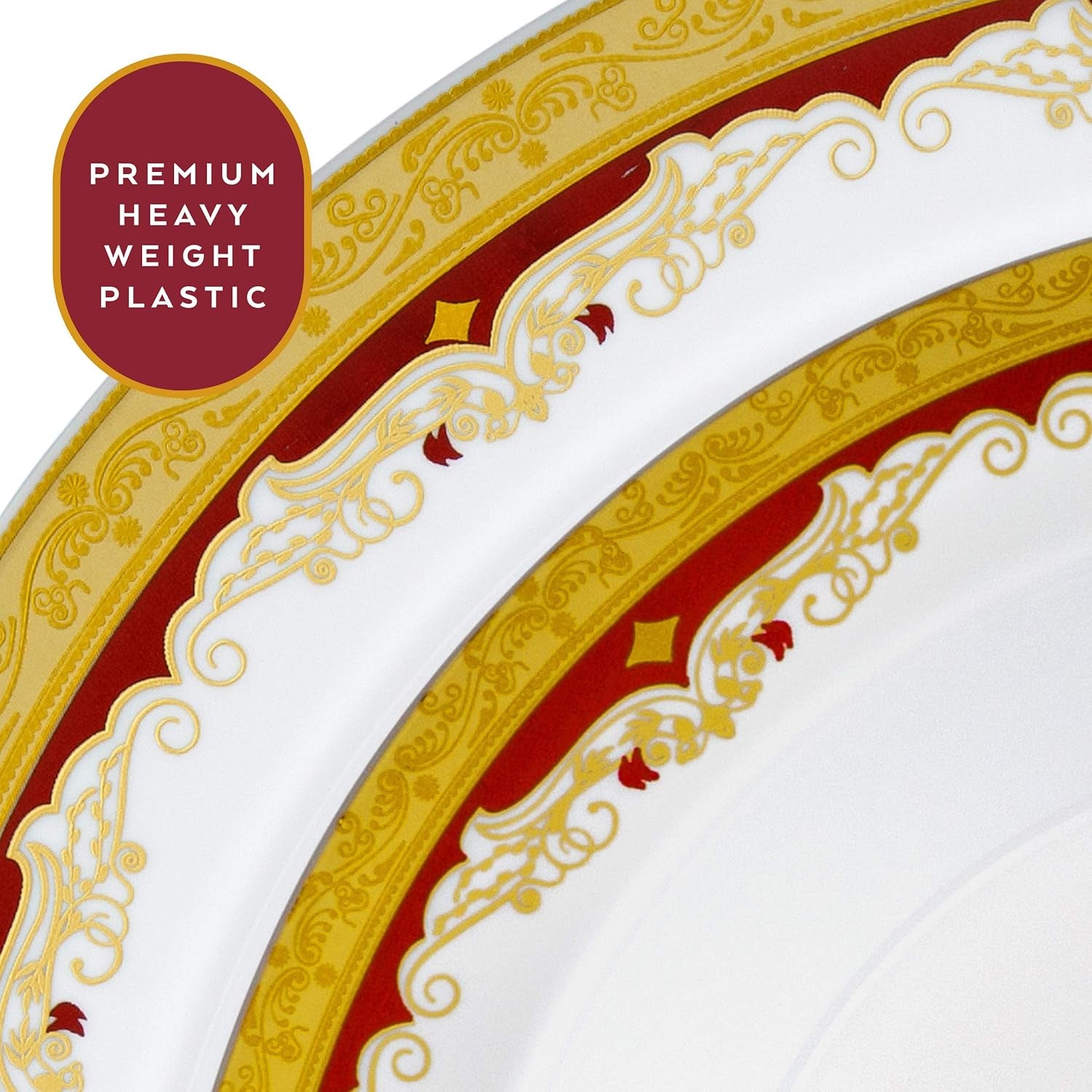 Laura Stein Designer Dinnerware Set | 32 Disposable Plastic Party Bowls | White Wedding Bowl with Burgundy Rim & Gold Accents | Set Includes 16 X 12 Oz Soup Bowls + 16 X 5 Oz Dessert Bowls | Vintage
