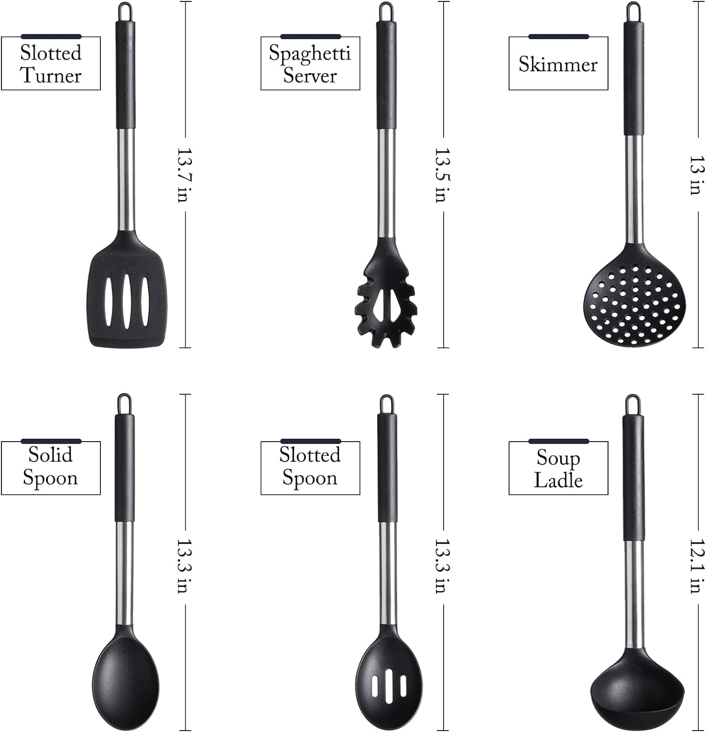 Silicone Kitchen Utensils Set - Culinary Couture 6-Pieces Black Silicone Cooking Utensils Set for Nonstick Cookware - Stainless Steel Handle
