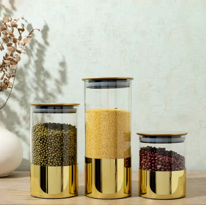 Golden Glass Sealed Can Coffee Bean Storage Container Snack Dried Fruit Storage Tank Metal Cover Home Kitchen Storage Ornaments