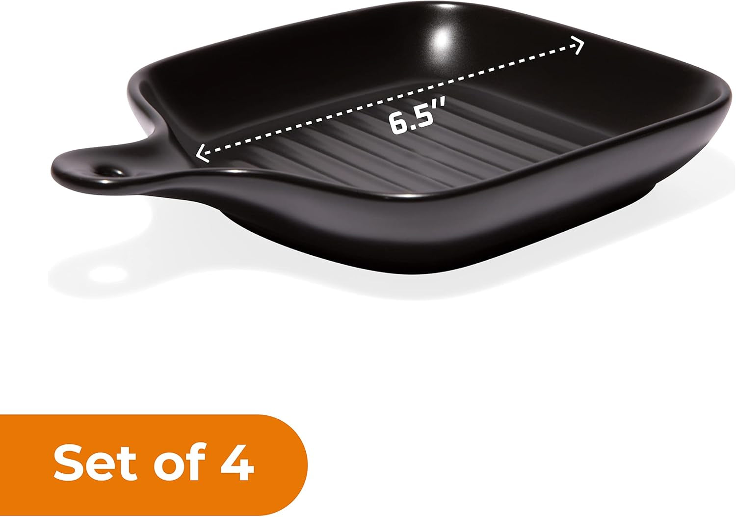 Bruntmor 4 Piece Matte Black Ceramic Dinnerware Set, 6.5 Inch Food Serving Plates with Skillet Look Handle, Lightweight Square Plates, Oven and Dishwasher Safe, Matte Finish