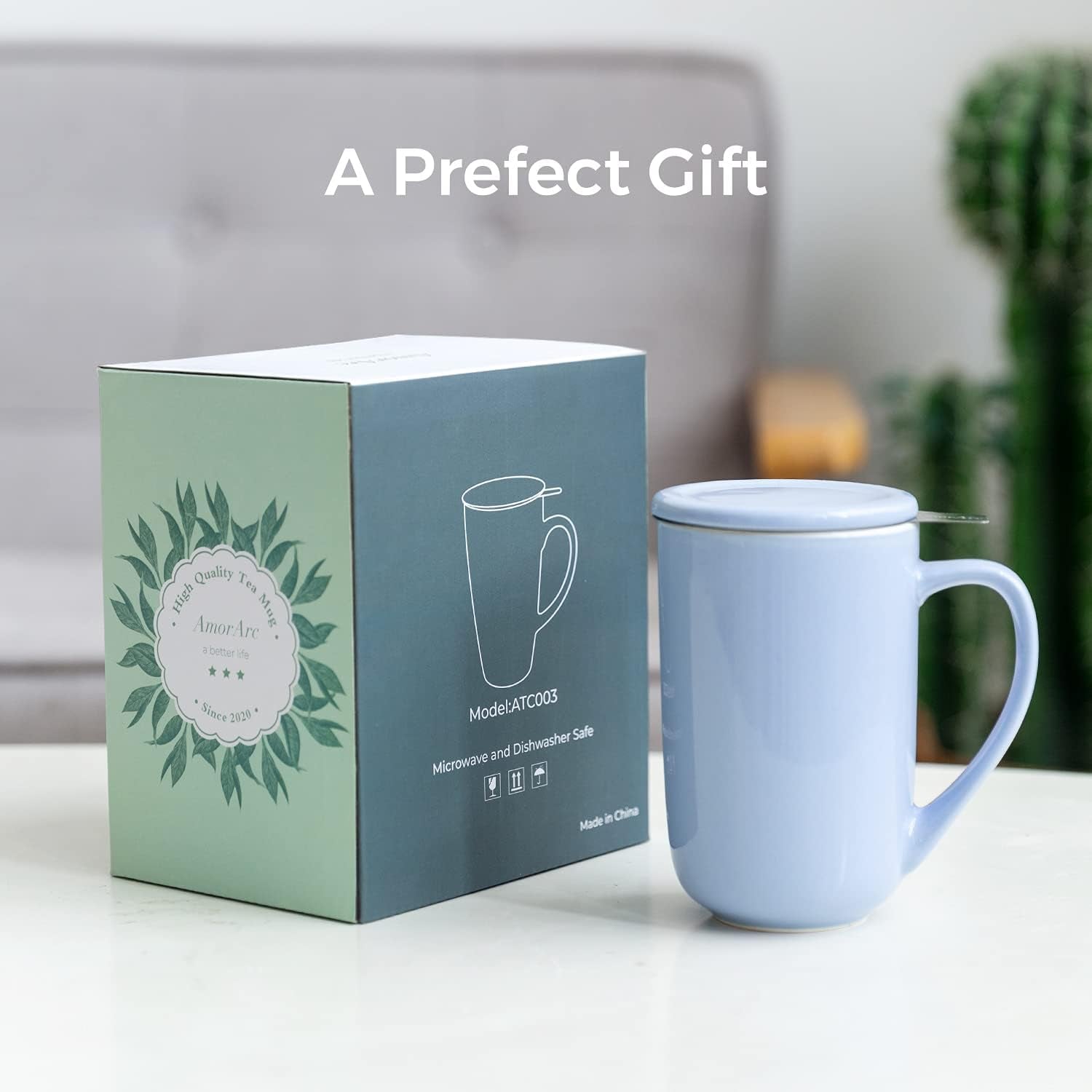 Amorarc Ceramic Tea Mug,16Oz Tea Cup with Infuser and Lid, Tea Strainer Cups with Tea Bag Holder for Loose Leaf Tea, Tea Steeping Mug for Tea/Coffee/Milk with Well-Wrapped Gift Box -Baby Blue