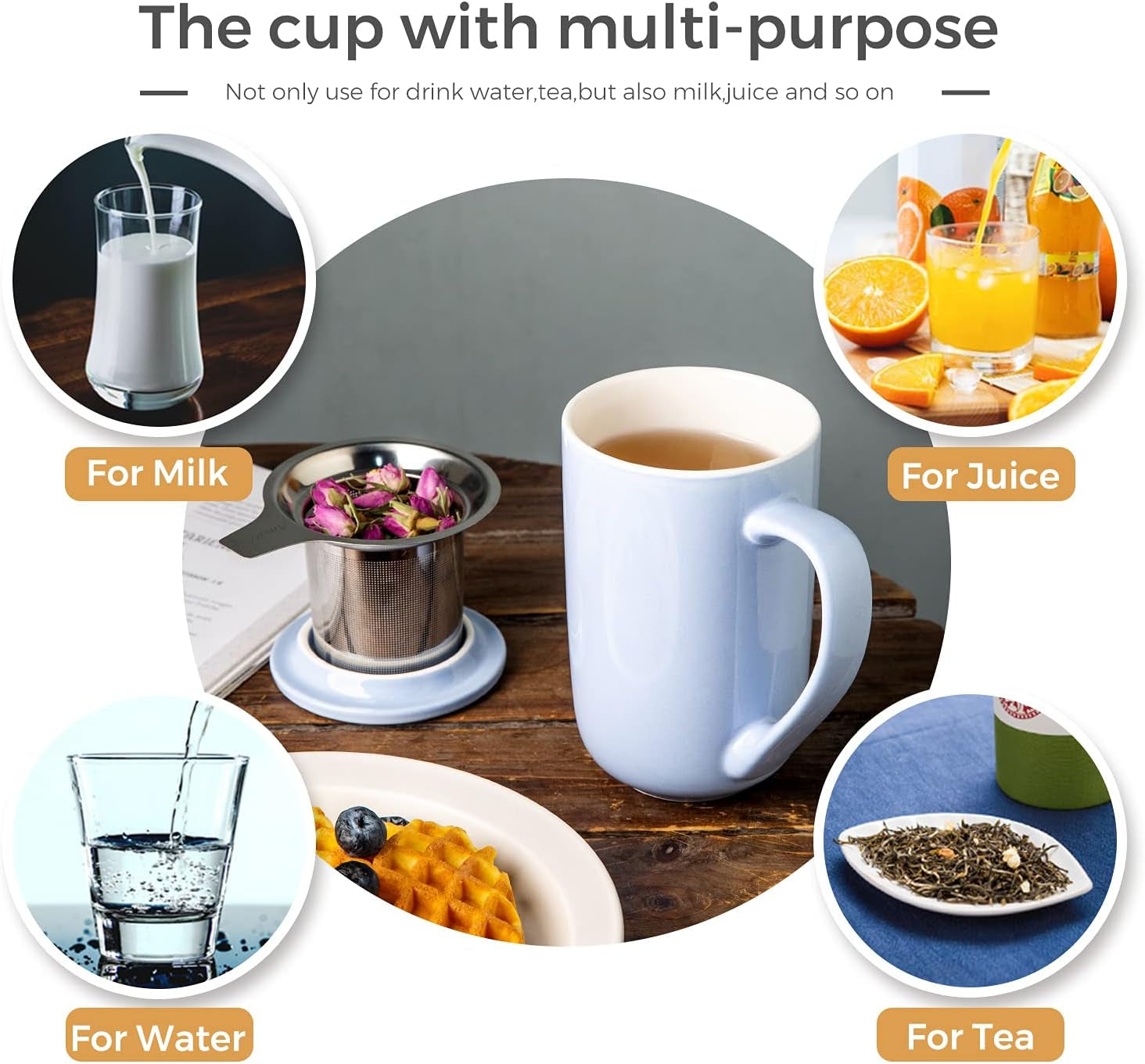 Amorarc Ceramic Tea Mug,16Oz Tea Cup with Infuser and Lid, Tea Strainer Cups with Tea Bag Holder for Loose Leaf Tea, Tea Steeping Mug for Tea/Coffee/Milk with Well-Wrapped Gift Box -Baby Blue