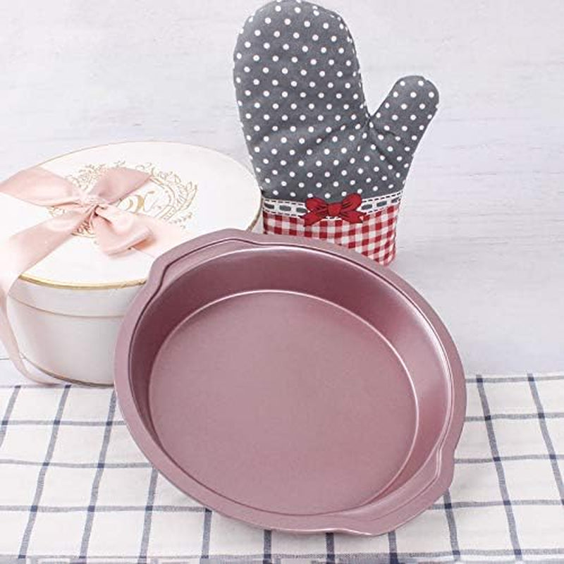 Falytemow Pizza Pan Non-Stick Bakeware Mold round Deep Dish Heavy Duty Steel Pizza Tray with Easy Grip Handle 9 Inch Diameter Champagne Pink