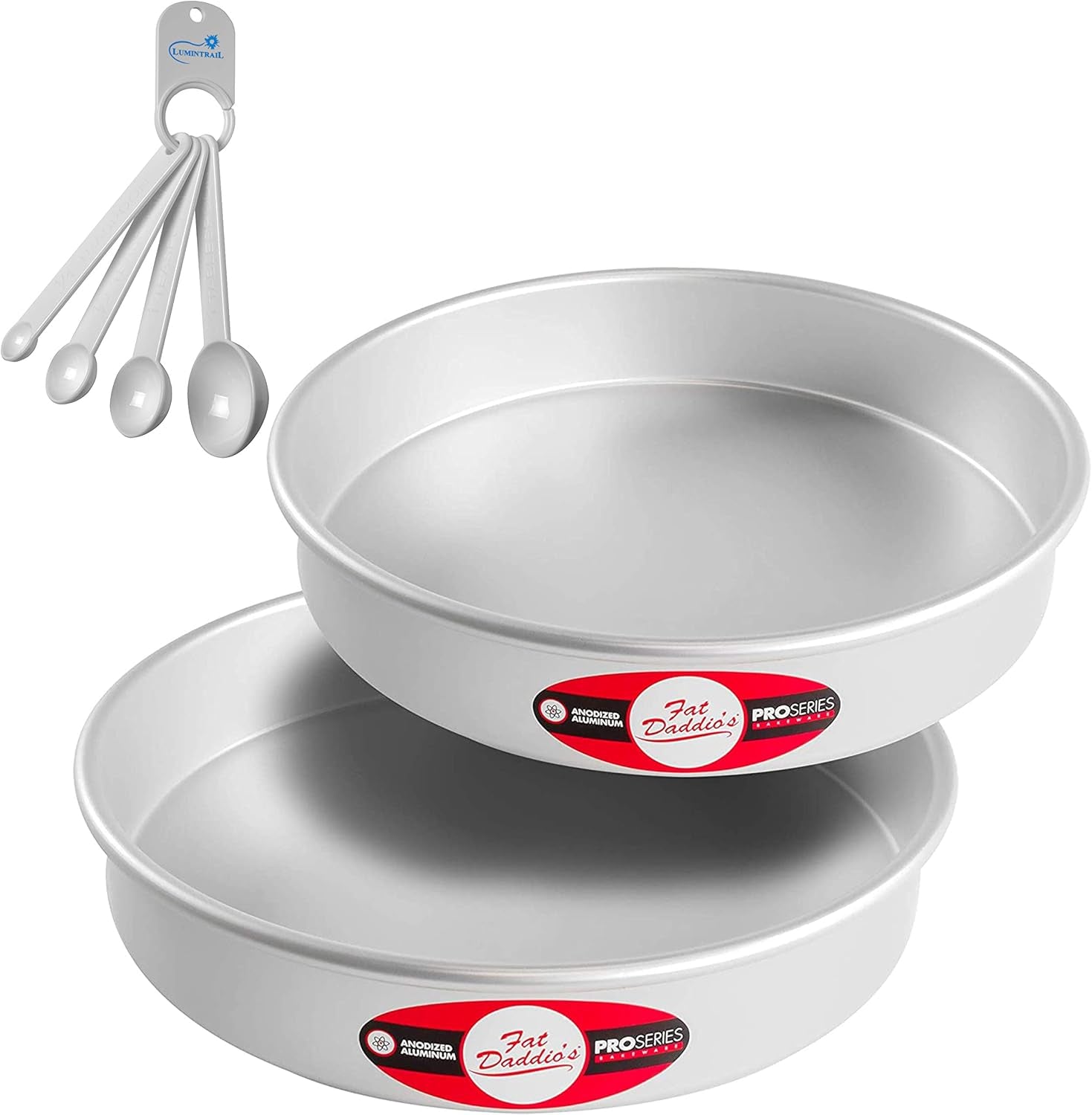 Lumintrail Fat Daddios Anodized Aluminum Tiered round Cake Pans Bundle with a Spoon Set (5", 7", 9" Diameter, 3" Deep)