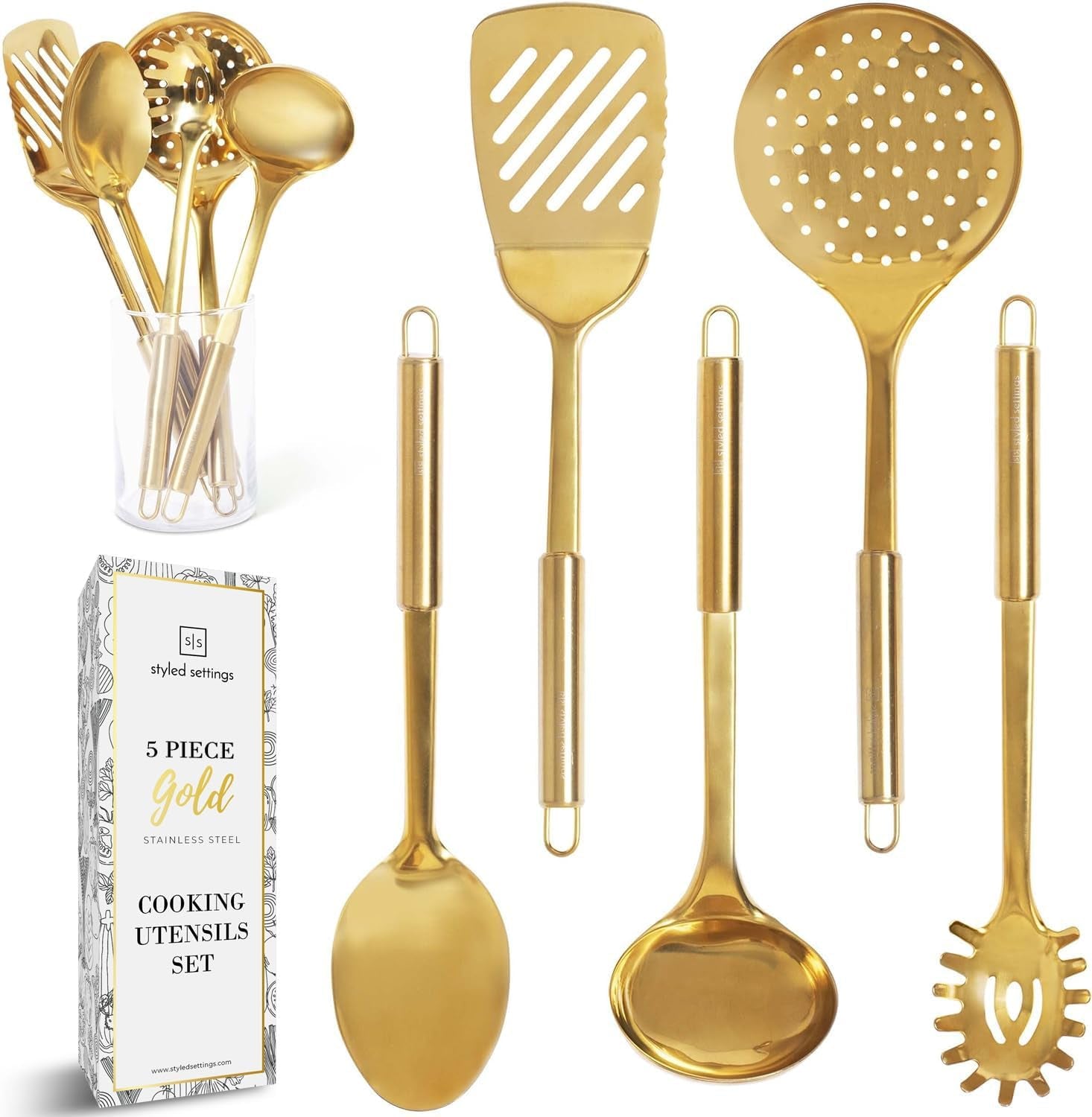 Gold Cooking Utensils with Measuring Cups and Spoons Set - 13-Piece Luxury Gold Kitchen Accessories Includes Metal Measuring Cups and Spoons for Baking, Cooking, and Elegant Kitchen Decor
