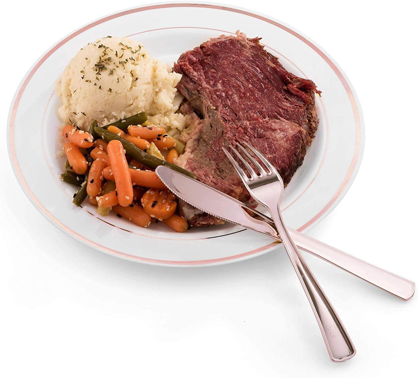 Bloomingoods Rose Gold Disposable Plates Set for 50 Guest - 450 Piece Rose Gold Plastic Dinnerware Set - 100 Rose Gold Rimmed Plastic Plates, 50 Rose Gold Rimmed Plastic Cups, 100 Paper Napkins,