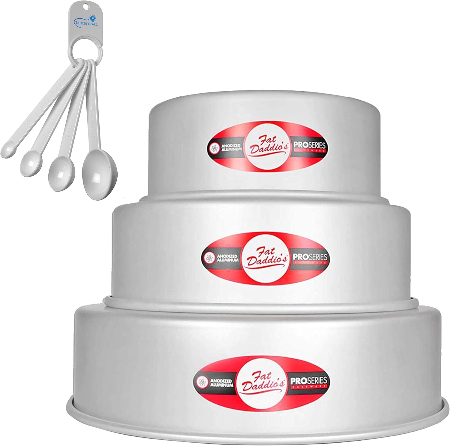 Lumintrail Fat Daddios Anodized Aluminum Tiered round Cake Pans Bundle with a Spoon Set (5", 7", 9" Diameter, 3" Deep)