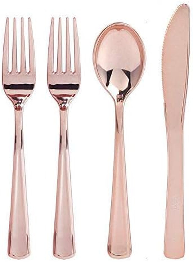 Bloomingoods Rose Gold Disposable Plates Set for 50 Guest - 450 Piece Rose Gold Plastic Dinnerware Set - 100 Rose Gold Rimmed Plastic Plates, 50 Rose Gold Rimmed Plastic Cups, 100 Paper Napkins,