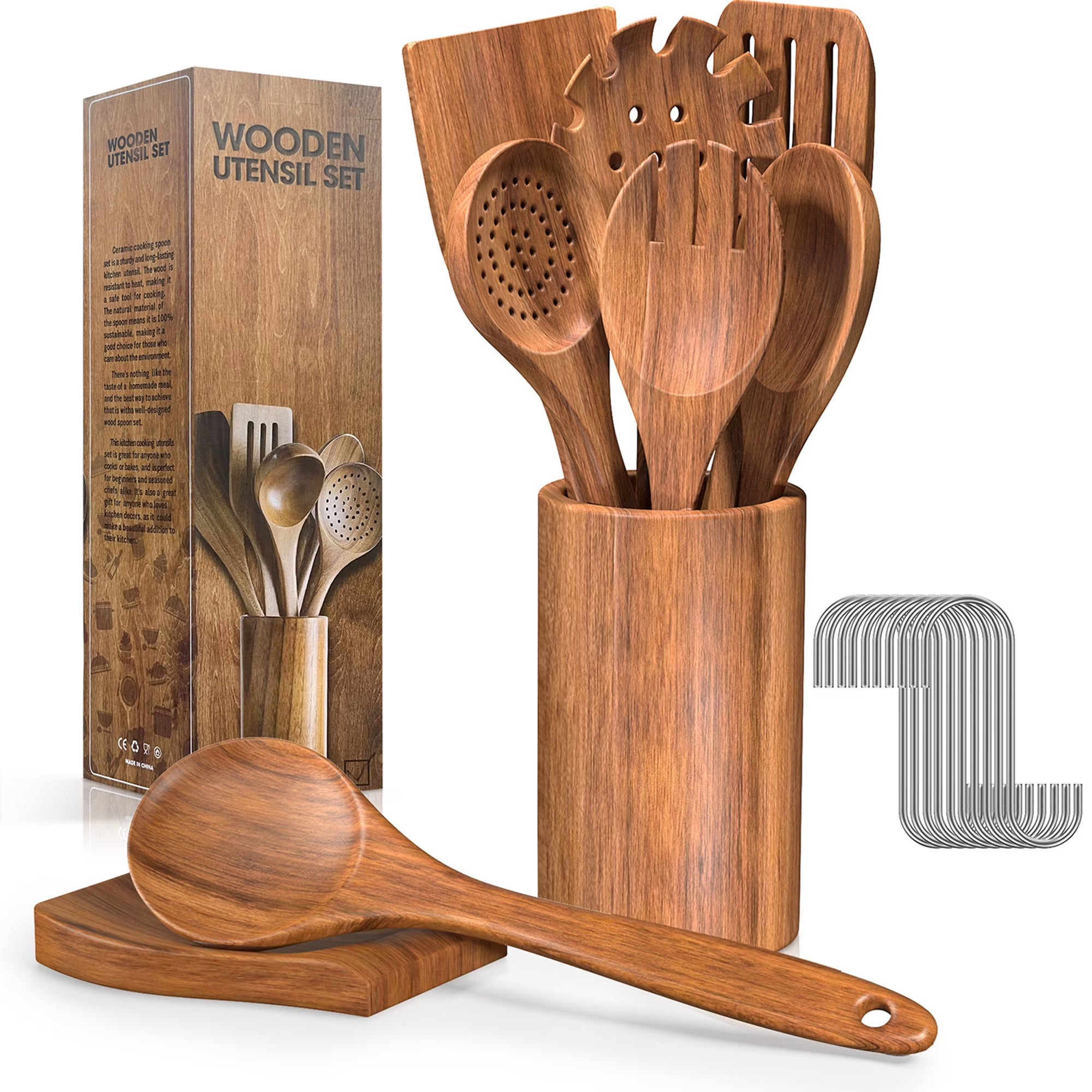 Wooden Spoons for Cooking, 10 PCS Teak Wood Cooking Utensil Set, Wooden Kitchen Utensils for Nonstick Pans & Cookware, Spoons and Spatula Set, Sturdy, Lightweight & Heat Resistant