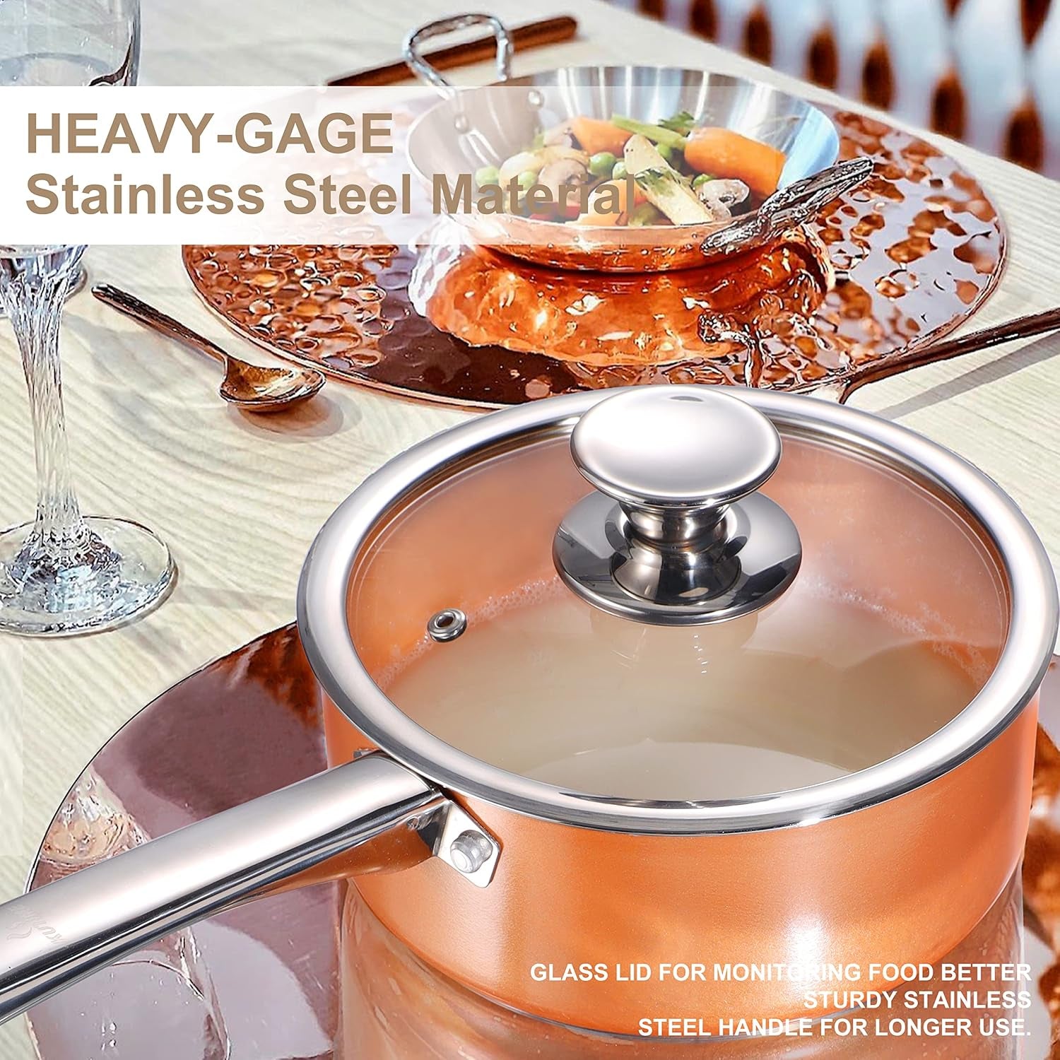 Pots and Pans Set, Nonstick Cookware Set with Stainless Steel Handles, Frying Pan Set, Grill Pan, Stock Pot, Sauce Pan with Lid, Gas, Induction Compatible, Oven Safe, Copper