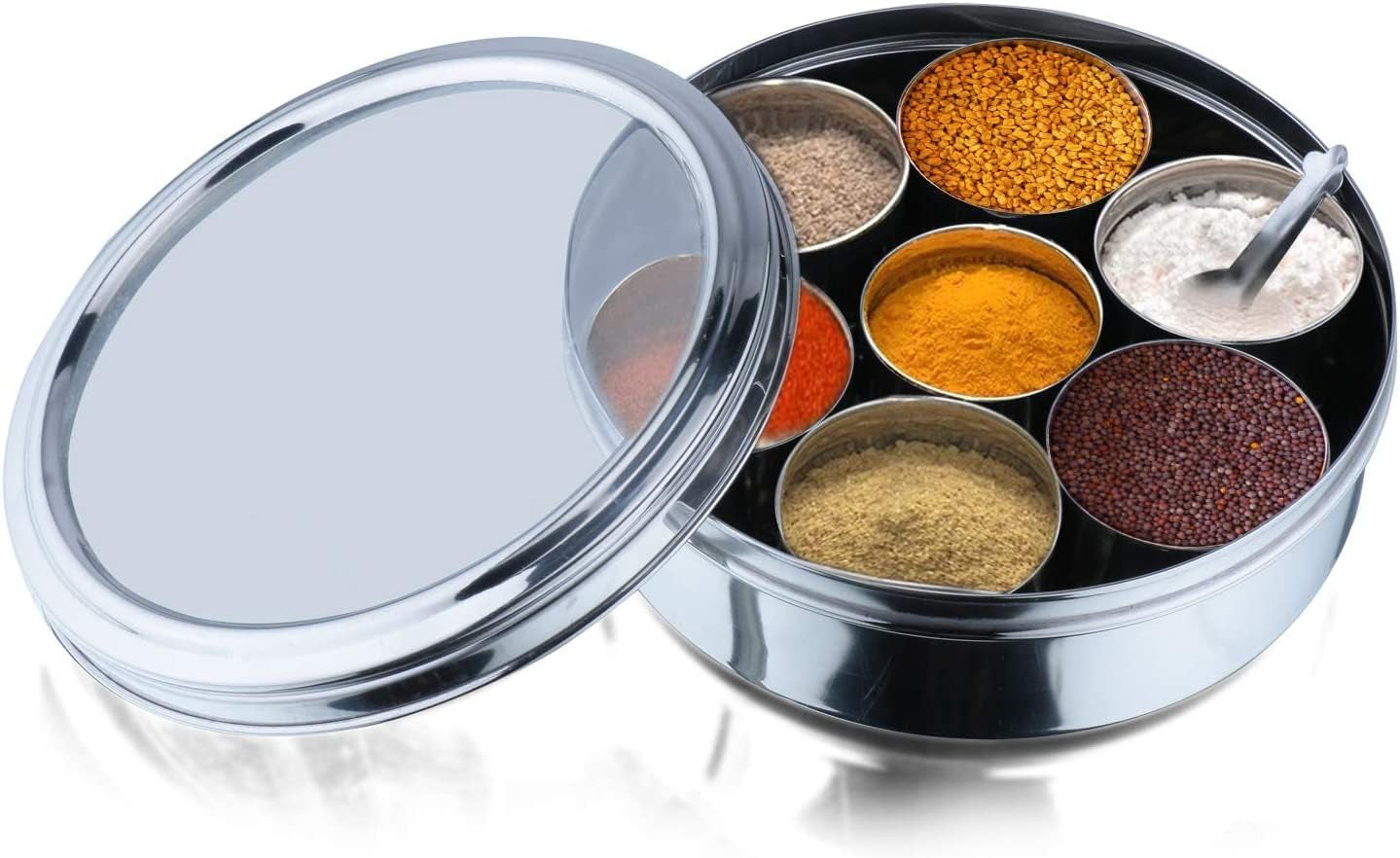 Vinod Stainless Steel Masala Dabba, Spice Box, 7 Compartments with Lid, 8 Inch Diameter