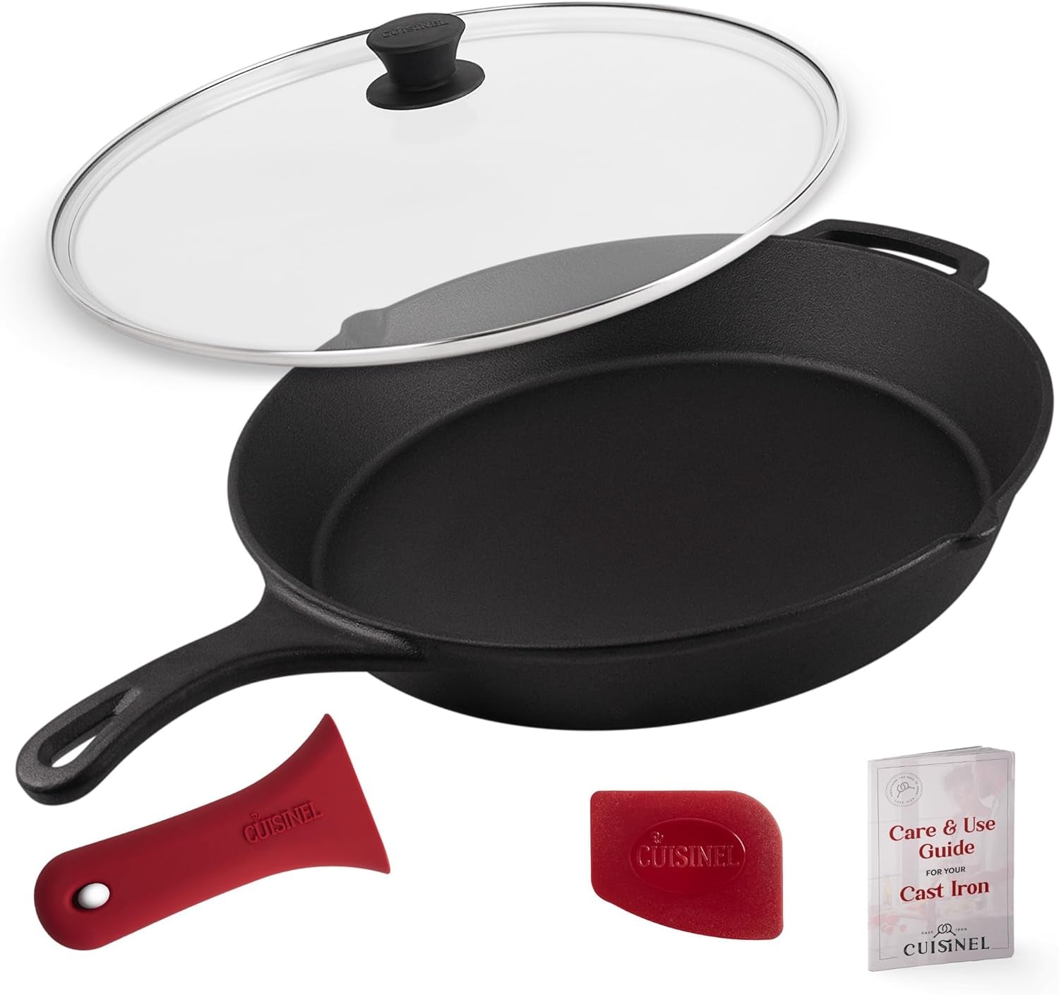 Cuisinel Cast Iron Skillet Set - 10" + 12" Frying Pan + Glass Lids + 2 Handle Cover Grips - Pre-Seasoned Oven Cookware - Indoor/Outdoor Use - Grill, Stovetop, Induction, BBQ, Camping, Fire Use