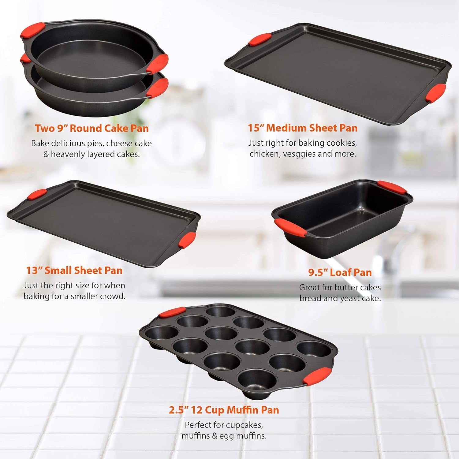 PERLLI Nonstick Bakeware Sets, 11 Piece Steel Baking Pan Tray Set with Silicone Handles Kitchen Oven Safe, Cookie Sheet, Muffin Pan, Cake Pan, Bread Loaf Pan, Brownie Pan W/Microfiber Cleaning Cloth