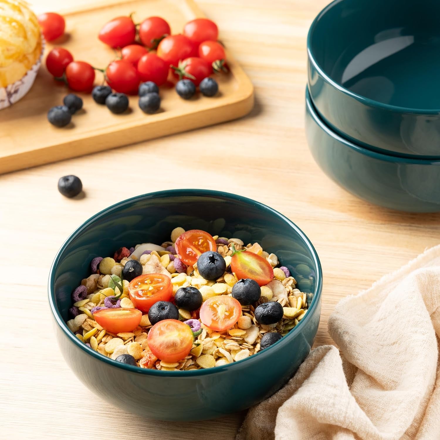 Amorarc Stoneware Cereal Bowls Set for Kitchen, 22Oz Ceramic Deep Soup Bowls Set of 6, Black Bowls Set for Breakfast, Lunch, Dinner. Microwave&Dishwasher Safe, Green