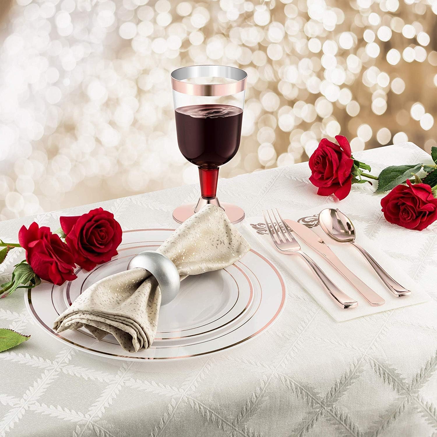 Bloomingoods Rose Gold Disposable Plates Set for 50 Guest - 450 Piece Rose Gold Plastic Dinnerware Set - 100 Rose Gold Rimmed Plastic Plates, 50 Rose Gold Rimmed Plastic Cups, 100 Paper Napkins,