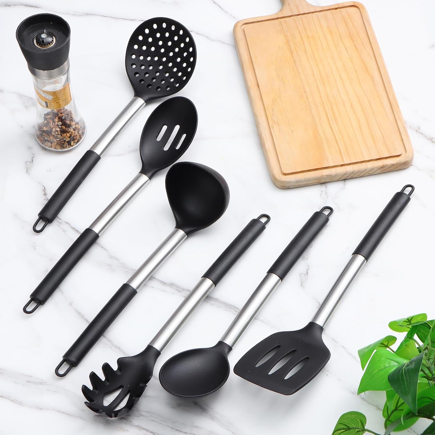 Silicone Kitchen Utensils Set - Culinary Couture 6-Pieces Black Silicone Cooking Utensils Set for Nonstick Cookware - Stainless Steel Handle