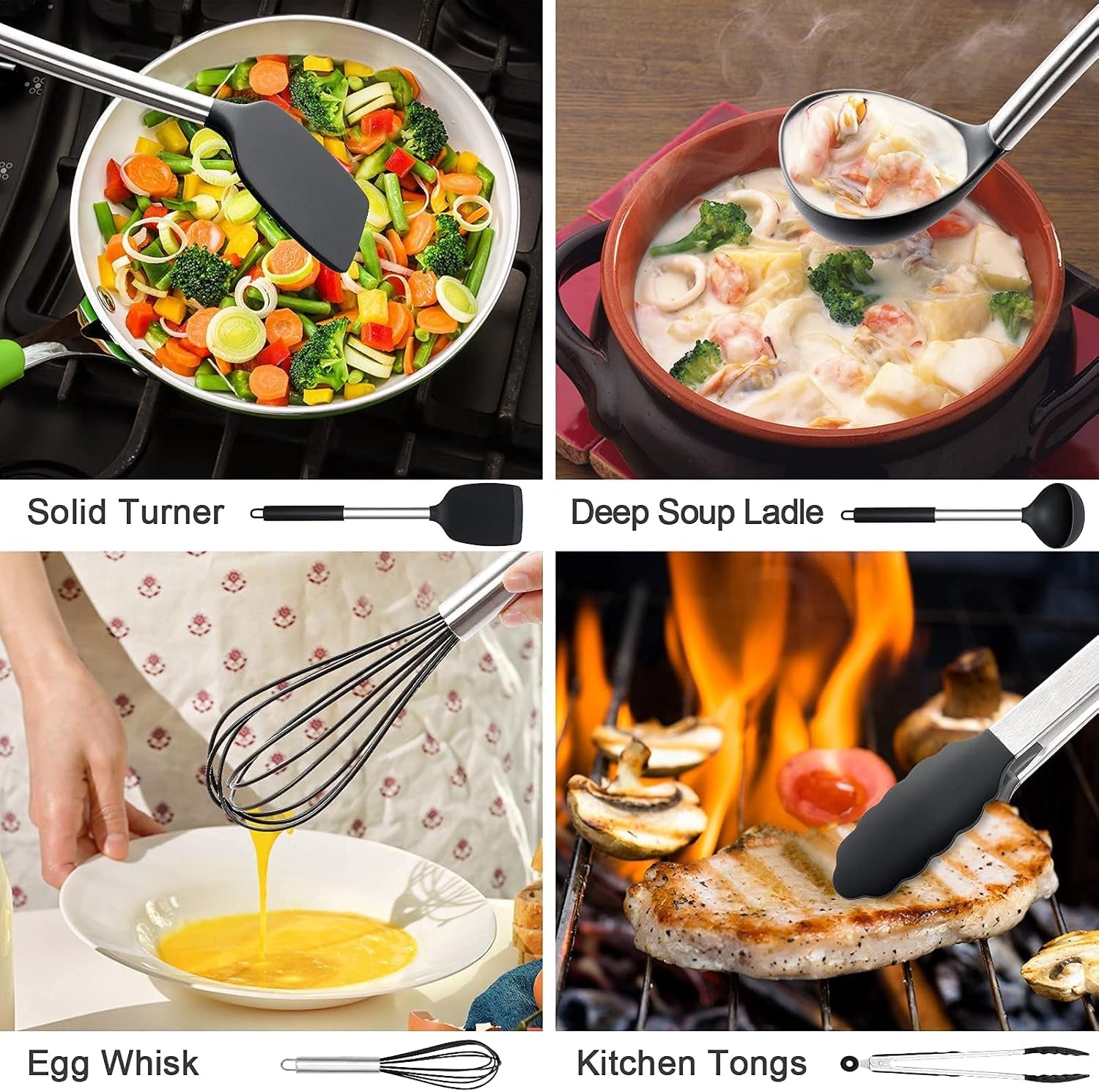 16 PCS Silicone Kitchen Cooking Utensils Set, Heat-Resistant Utensil Set with Premium Stainless Handles for Nonstick Cookware, Best Kitchen Gadgets Gifts-Bpa Free & Dishwasher Safe(Black)