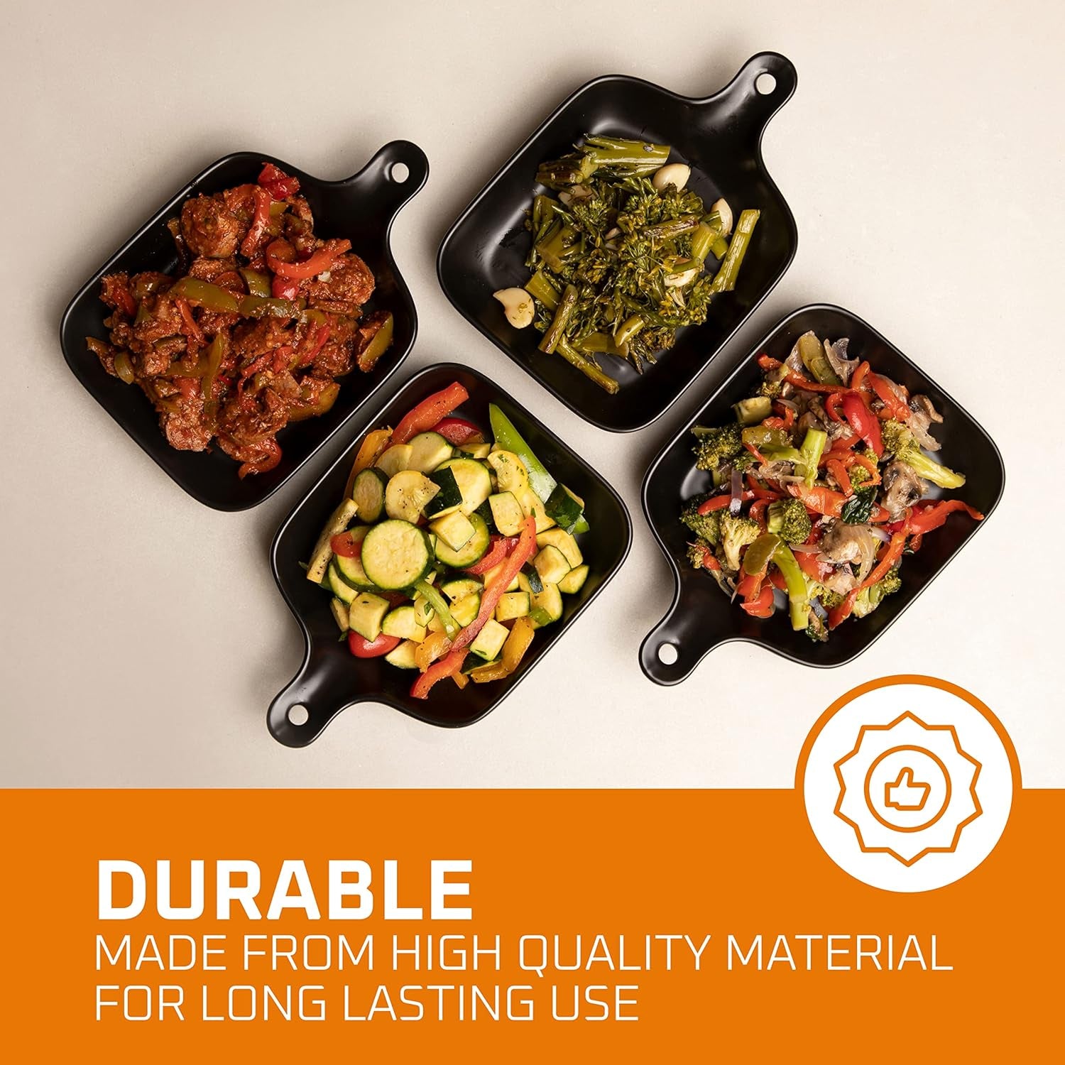 Bruntmor 4 Piece Matte Black Ceramic Dinnerware Set, 6.5 Inch Food Serving Plates with Skillet Look Handle, Lightweight Square Plates, Oven and Dishwasher Safe, Matte Finish