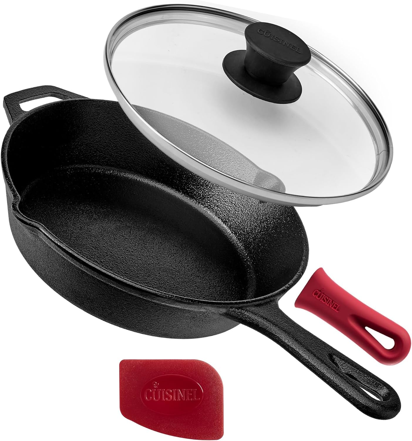 Cuisinel Cast Iron Skillet Set - 10" + 12" Frying Pan + Glass Lids + 2 Handle Cover Grips - Pre-Seasoned Oven Cookware - Indoor/Outdoor Use - Grill, Stovetop, Induction, BBQ, Camping, Fire Use