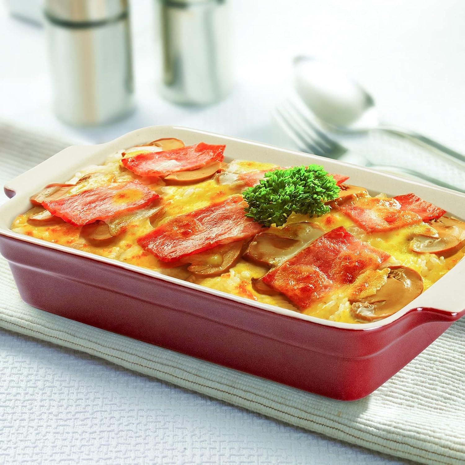 UNICASA Ceramic Casserole Bakeware Sets - Baking Dishes for Oven with Handles, Includes 9X13 Baking Pan Set, Ramekins - Rectangular Lasagna Pan for Cooking, Cake Dinner, Souffle, Pudding Cups (Red)