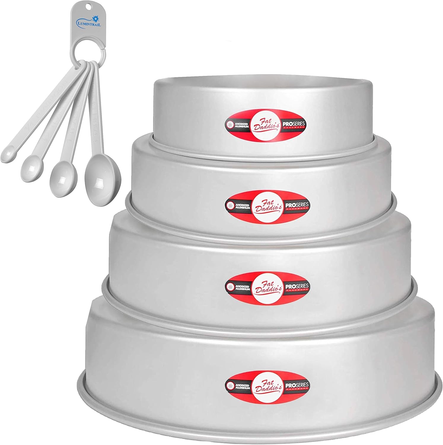 Lumintrail Fat Daddios Anodized Aluminum Tiered round Cake Pans Bundle with a Spoon Set (5", 7", 9" Diameter, 3" Deep)