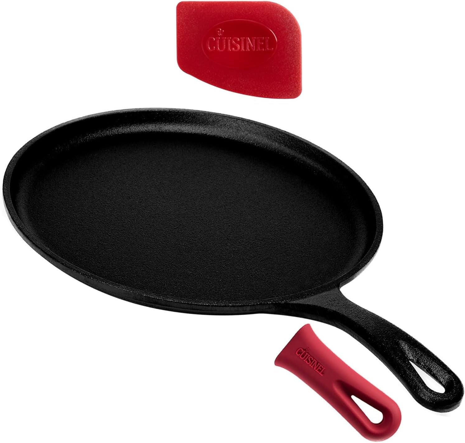 Cuisinel Cast Iron Skillet Set - 10" + 12" Frying Pan + Glass Lids + 2 Handle Cover Grips - Pre-Seasoned Oven Cookware - Indoor/Outdoor Use - Grill, Stovetop, Induction, BBQ, Camping, Fire Use